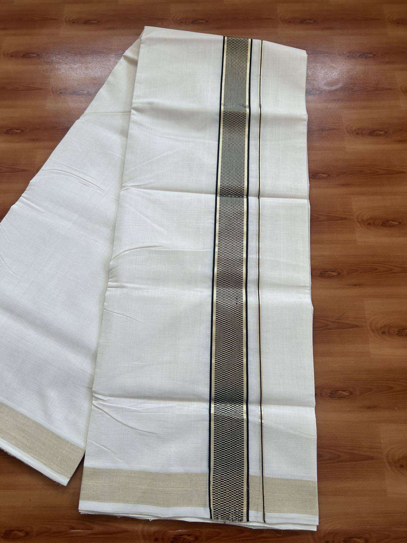 25% Discount ! Kaitharikada Handloom Unakkupaav - Kerala Handloom - 100% Pure Cotton Off White - (Unbleached) Double Mund/Dhoti - 100x80 - 1.75 inch Gold Kasav & Black Jacquard Design Kara 4 mtr (8.5 Muzham) - 26 KK5384 ABH