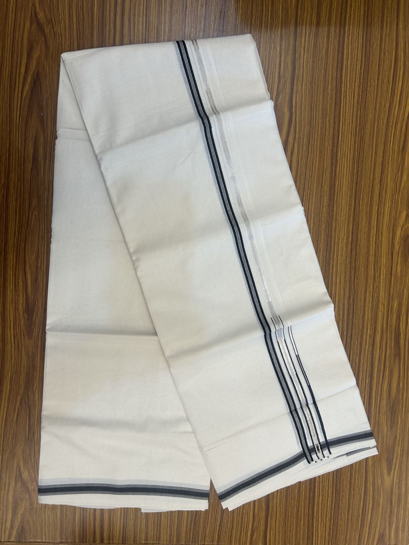 20% Discount!! KaithariKada Balaramapuram Pure Cotton Double Off White - (Unbleached) - Mundu/Dhoti - 100x80 - 1 inch Puliyilakkara Silver Kasav & Black Stripes One Side Double Chutty Kara 4 mtr (8.5 muzham) - 36 KK5311 VAS