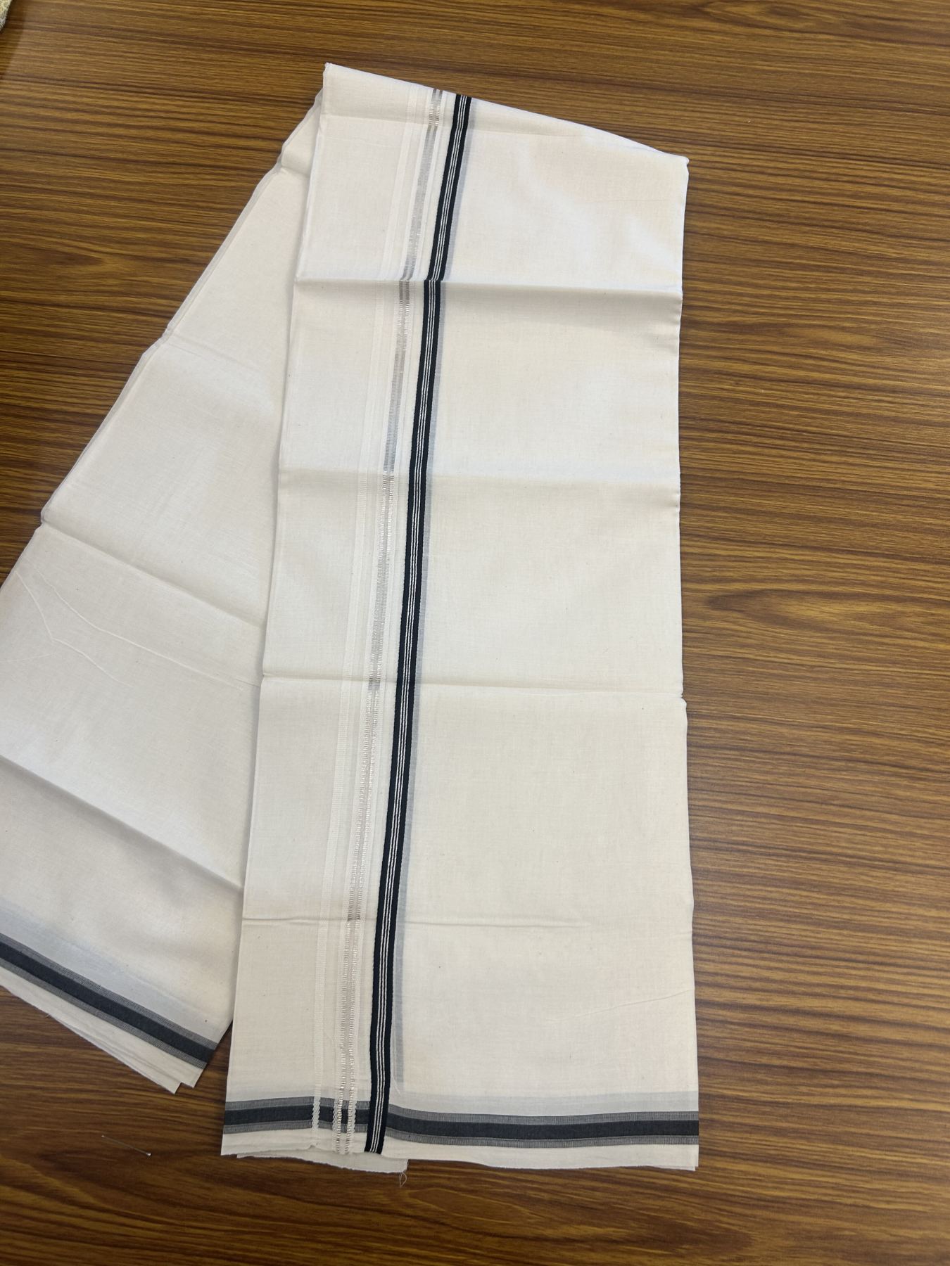 20% Discount!! KaithariKada Balaramapuram Pure Cotton Double Off White - (Unbleached) - Mundu/Dhoti - 100x80 - 1 inch Puliyilakkara Silver Kasav & Black Stripes One Side Double Chutty Kara 4 mtr (8.5 muzham) - 36 KK5311 VAS
