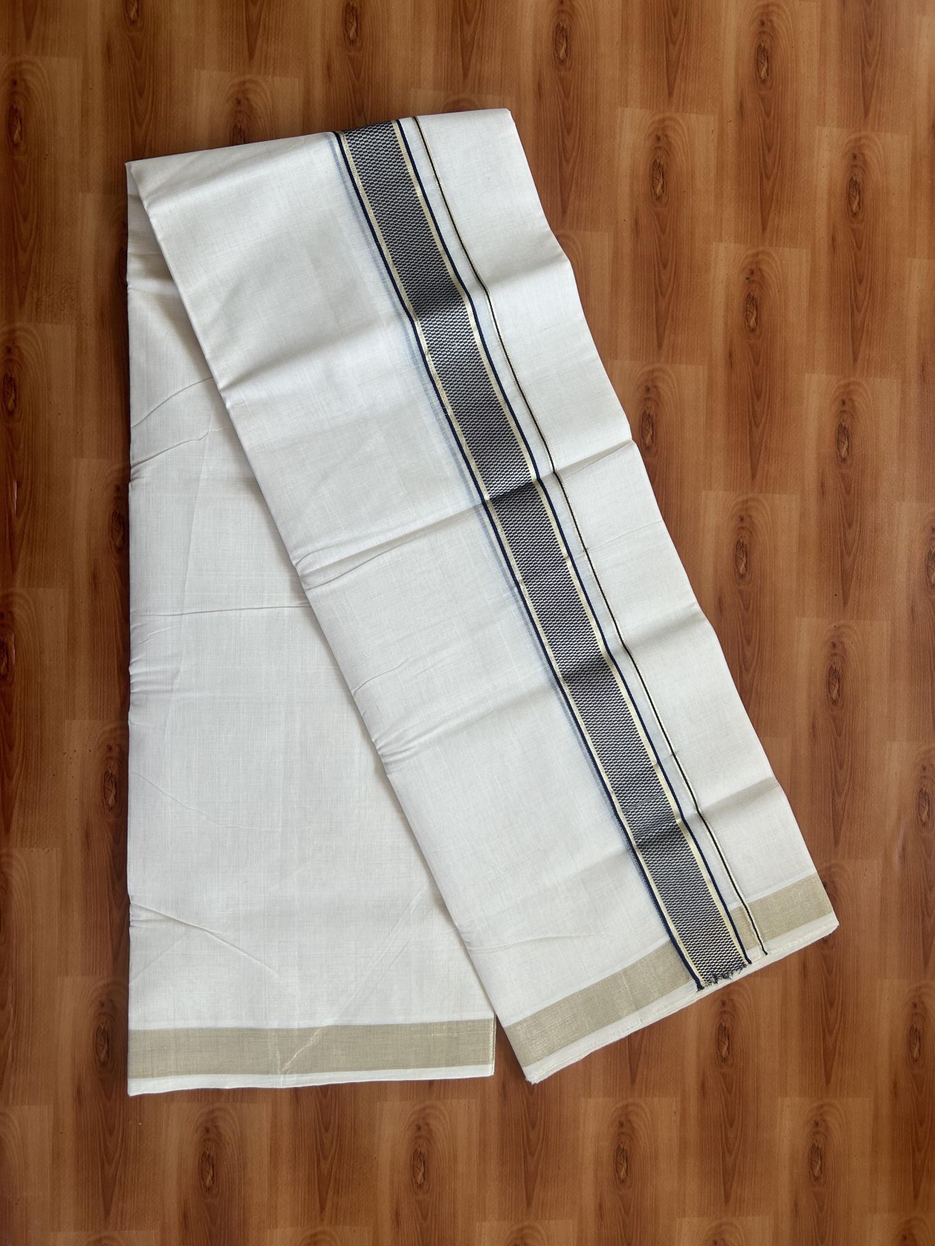 25% Discount ! Kaitharikada Handloom Unakkupaav - Kerala Handloom - 100% Pure Cotton Off White - (Unbleached) Double Mund/Dhoti - 100x80 - 1.5 inch Gold Kasav & Navy Blue Jacquard Design Kara 4 mtr (8.5 Muzham) - 28 KK5384 ABH