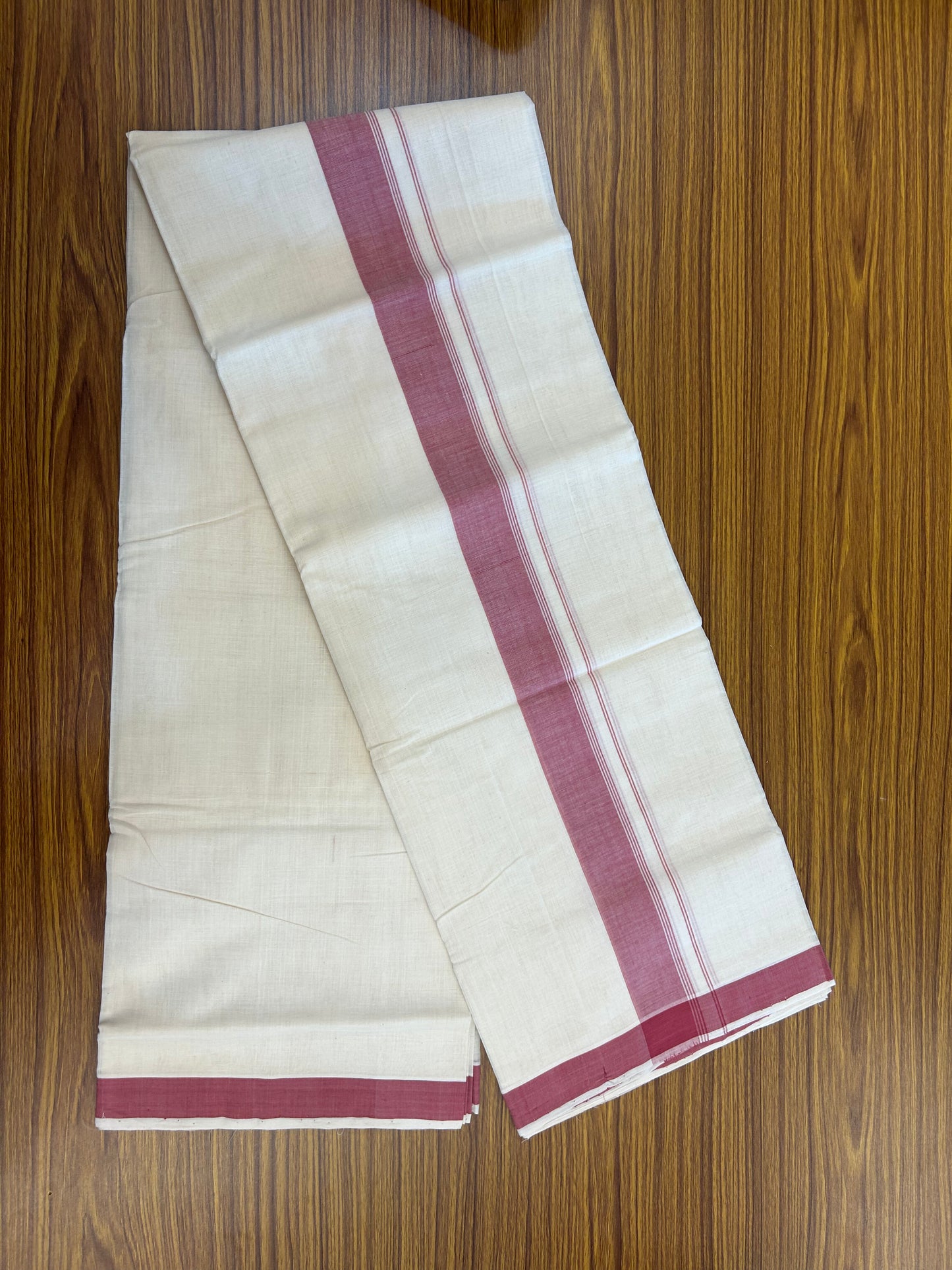 25% Discount KaithariKada Handloom Unakkupaav - Kerala Handloom - 100% Pure Cotton off white (Unbleached) Double Mundu/Dhoti - (80s) - 1.5 inch Dark Rose Striped Kara 4 mtr (8.5 muzham) - 4 KK5368 ELA
