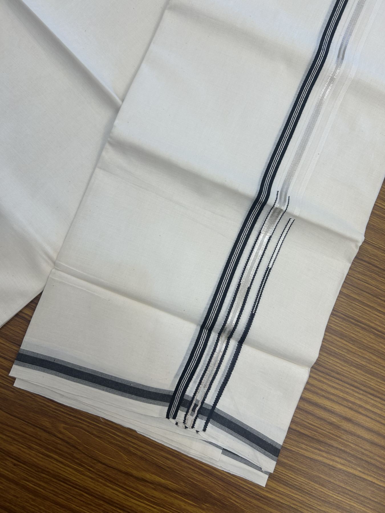 20% Discount!! KaithariKada Balaramapuram Pure Cotton Double Off White - (Unbleached) - Mundu/Dhoti - 100x80 - 1 inch Puliyilakkara Silver Kasav & Black Stripes One Side Double Chutty Kara 4 mtr (8.5 muzham) - 36 KK5311 VAS