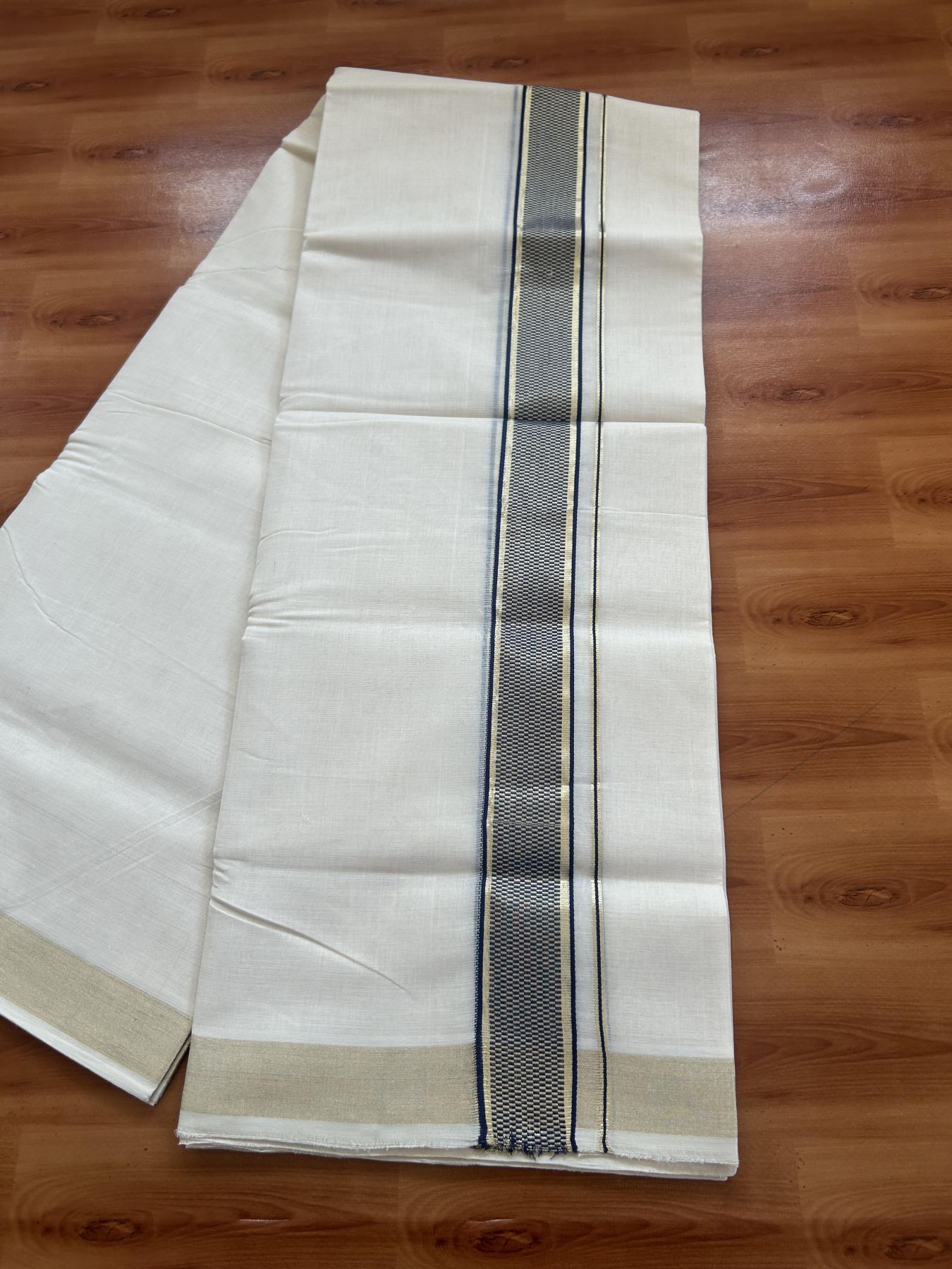 25% Discount ! Kaitharikada Handloom Unakkupaav - Kerala Handloom - 100% Pure Cotton Off White - (Unbleached) Double Mund/Dhoti - 100x80 - 1.5 inch Gold Kasav & Navy Blue Jacquard Design Kara 4 mtr (8.5 Muzham) - 28 KK5384 ABH