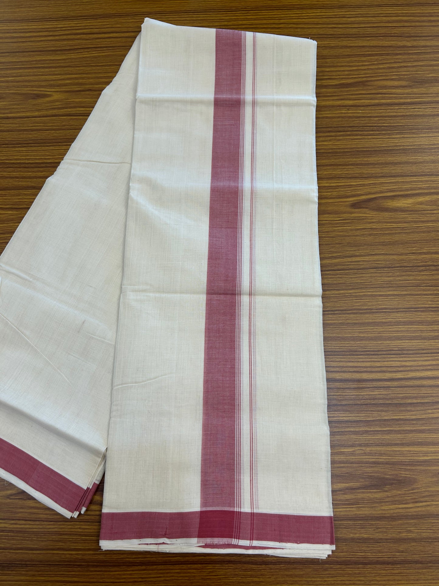 25% Discount KaithariKada Handloom Unakkupaav - Kerala Handloom - 100% Pure Cotton off white (Unbleached) Double Mundu/Dhoti - (80s) - 1.5 inch Dark Rose Striped Kara 4 mtr (8.5 muzham) - 4 KK5368 ELA