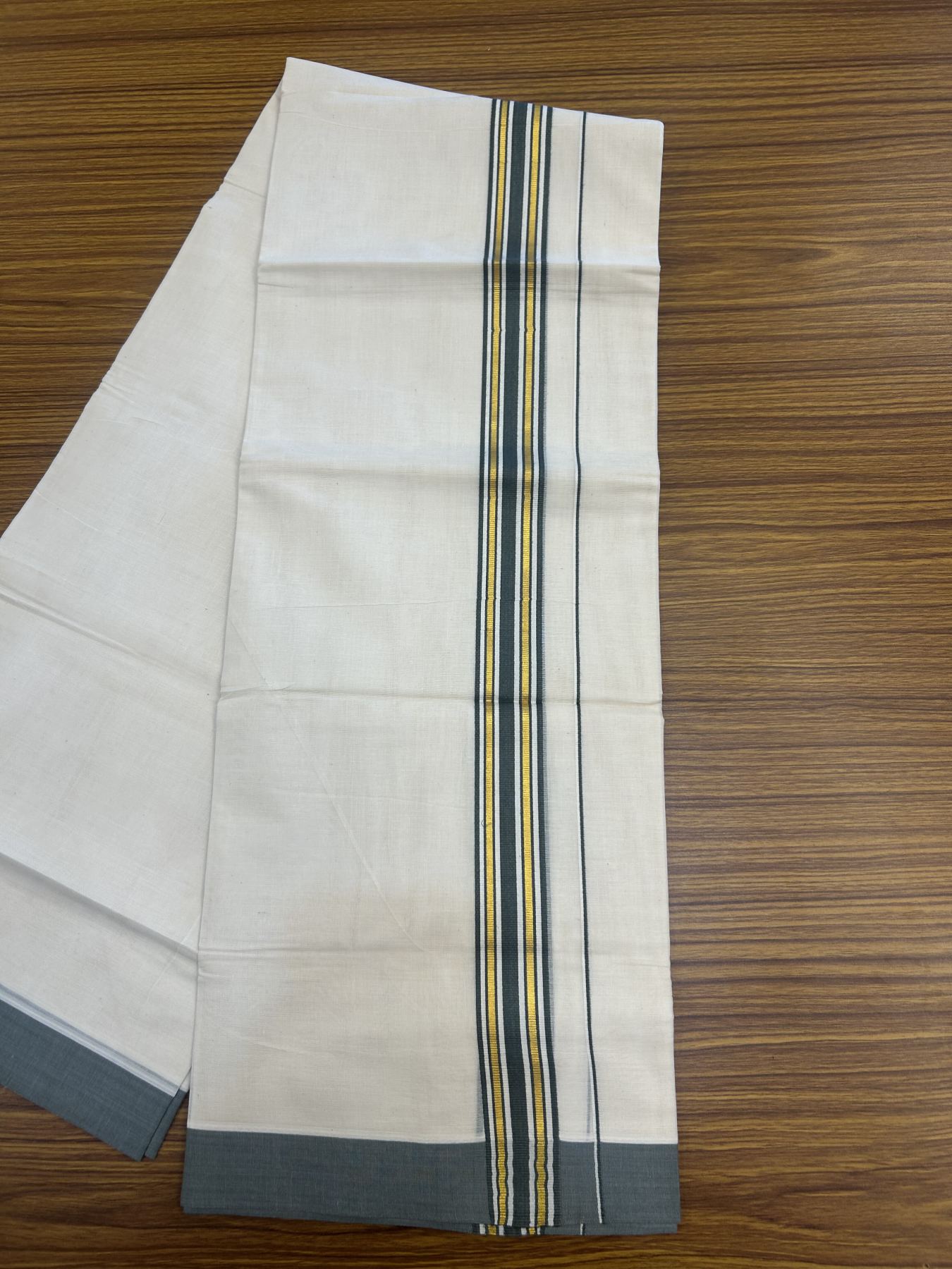 20% Discount! Kaitharikada Balaramapuram Double Off White Mundu/Dhoti - 80s - 1.5 InchvGold Kasav & Light Olive Green Shaded Stripes Kara 4 mtr (8.5 muzham) - 31 KK5311 VAS