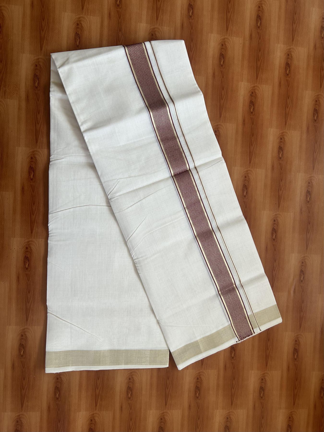 25% Discount ! Kaitharikada Handloom Unakkupaav - Kerala Handloom - 100% Pure Cotton Off White - (Unbleached) Double Mund/Dhoti - 100x80 - 1.5 inch Gold Kasav & Maroon Jacquard Design Kara 4 mtr (8.5 Muzham) - 27 KK5384 ABH