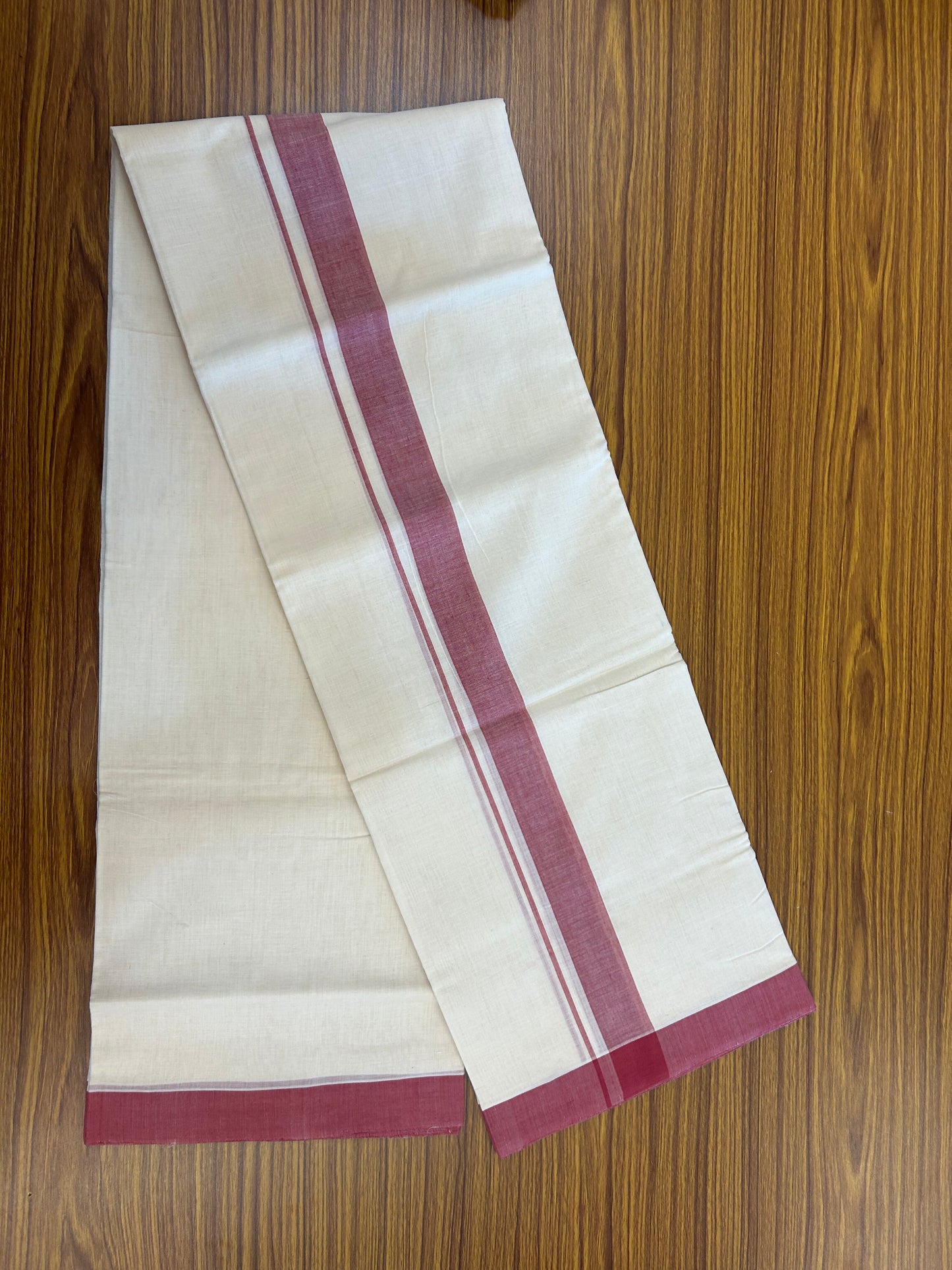 25% Discount KaithariKada Handloom Unakkupaav - Kerala Handloom - 100% Pure Cotton off white (Unbleached) Double Mundu/Dhoti - (80s) - 1.25 inch Dark Rose Shaded Kara 4 mtr (8.5 muzham) - 5 KK5368 ELA