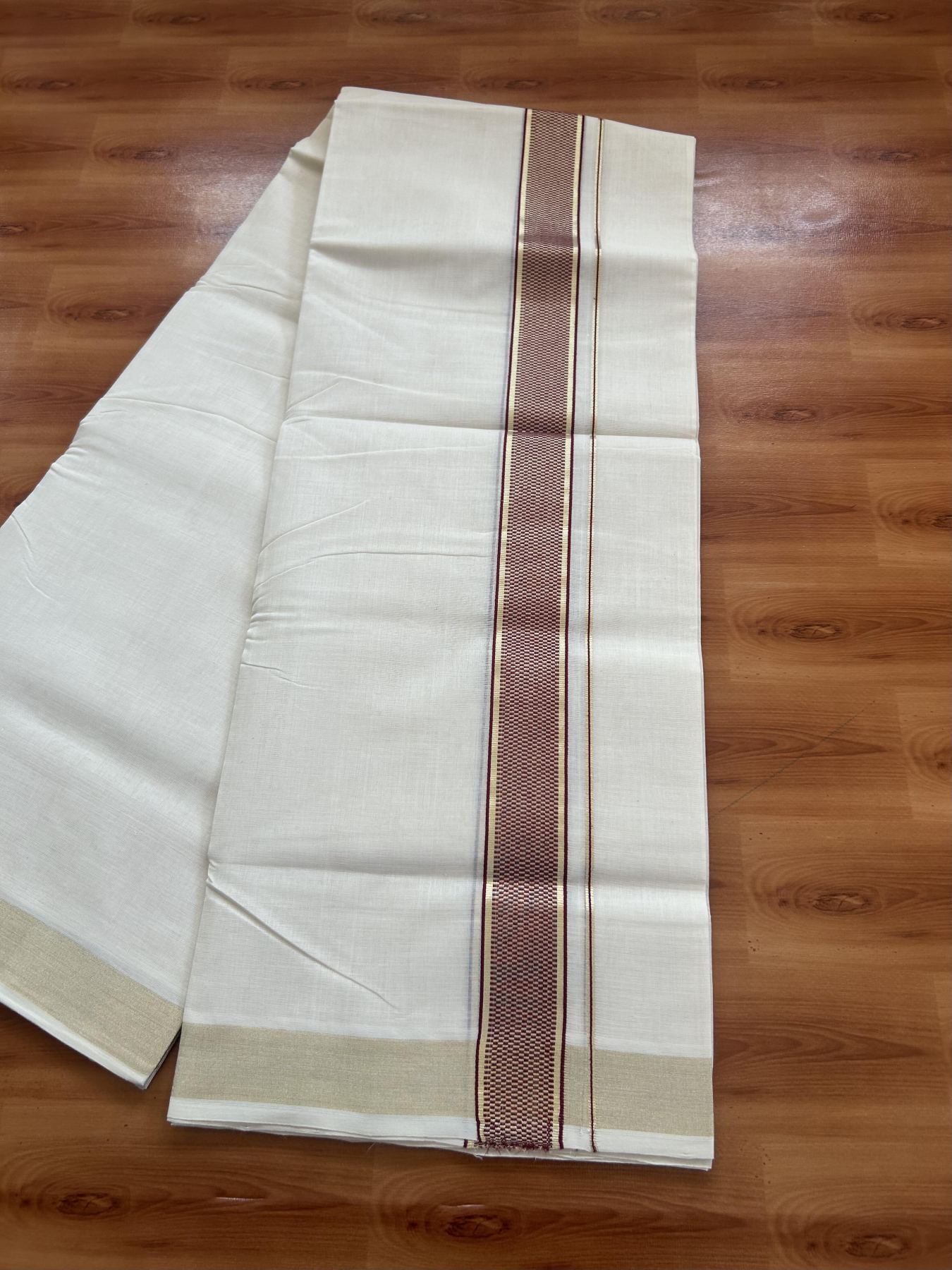 25% Discount ! Kaitharikada Handloom Unakkupaav - Kerala Handloom - 100% Pure Cotton Off White - (Unbleached) Double Mund/Dhoti - 100x80 - 1.5 inch Gold Kasav & Maroon Jacquard Design Kara 4 mtr (8.5 Muzham) - 27 KK5384 ABH