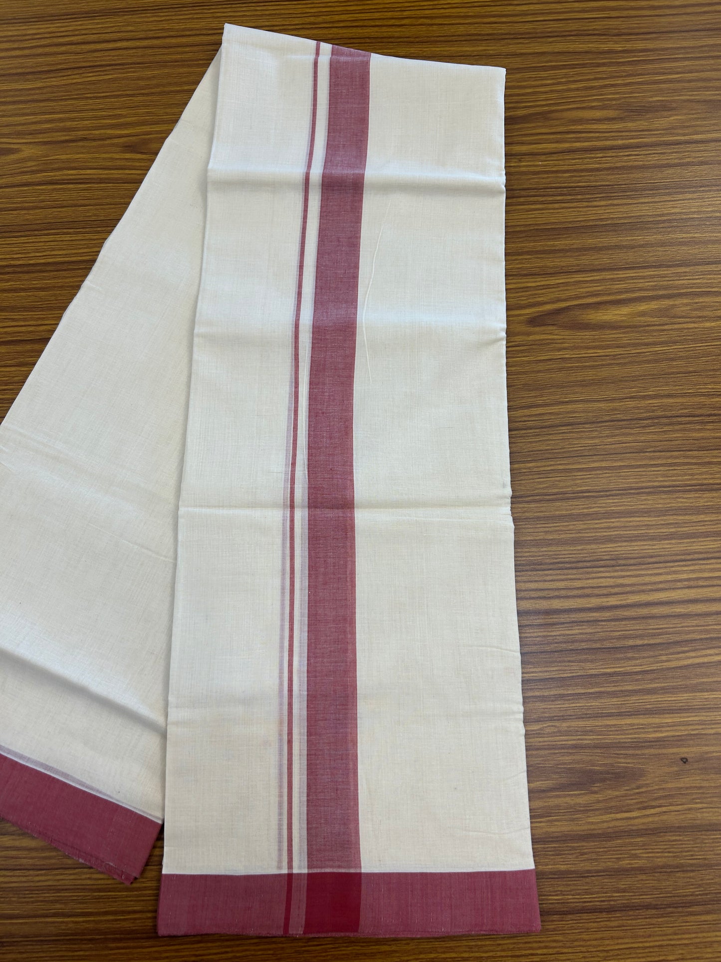 25% Discount KaithariKada Handloom Unakkupaav - Kerala Handloom - 100% Pure Cotton off white (Unbleached) Double Mundu/Dhoti - (80s) - 1.25 inch Dark Rose Shaded Kara 4 mtr (8.5 muzham) - 5 KK5368 ELA