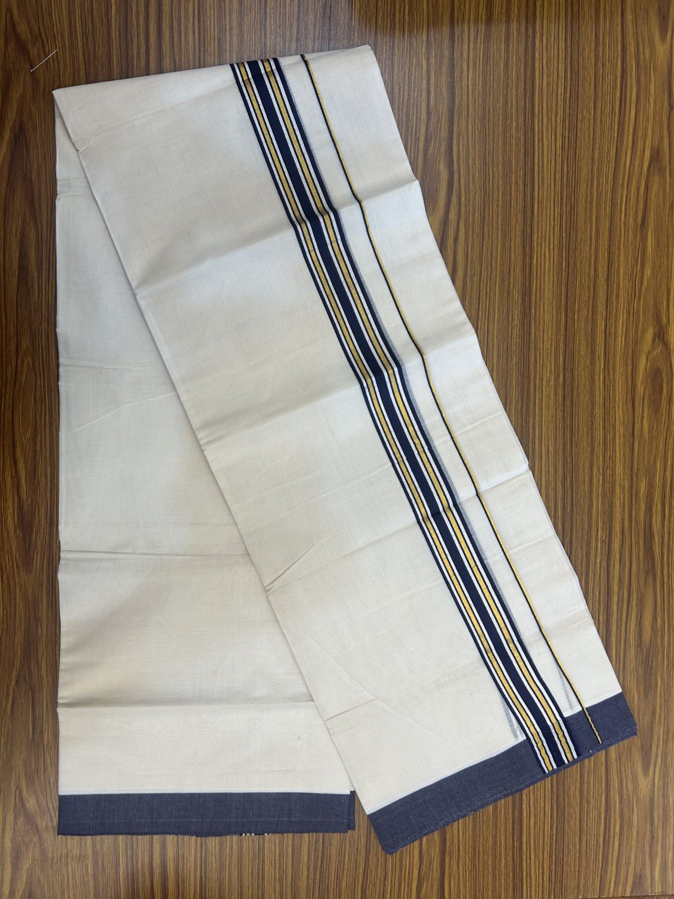 20% Discount! Kaitharikada Balaramapuram Double Off White Mundu/Dhoti - 80s - 1.5 Inch Gold Kasav & Navy Blue Shaded Stripes Kara 4 mtr (8.5 muzham) - 33 KK5311 VAS