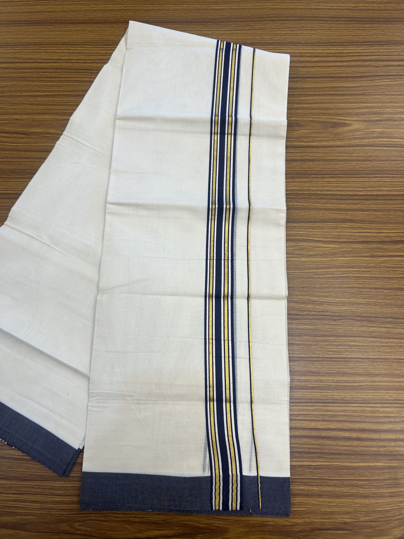 20% Discount! Kaitharikada Balaramapuram Double Off White Mundu/Dhoti - 80s - 1.5 Inch Gold Kasav & Navy Blue Shaded Stripes Kara 4 mtr (8.5 muzham) - 33 KK5311 VAS