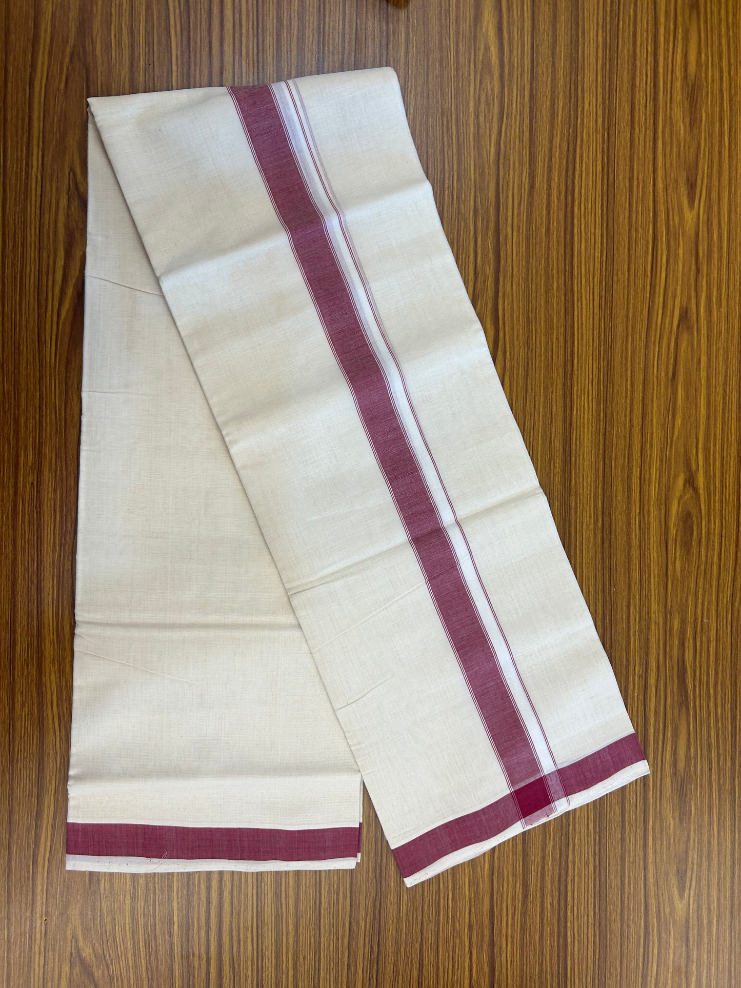 25% Discount KaithariKada Handloom Unakkupaav - Kerala Handloom - 100% Pure Cotton off white (Unbleached) Double Mundu/Dhoti - (80s) - 1.75 inch Dark Rose Shaded Striped Kara 4 mtr (8.5 muzham) - 6 KK5368 ELA