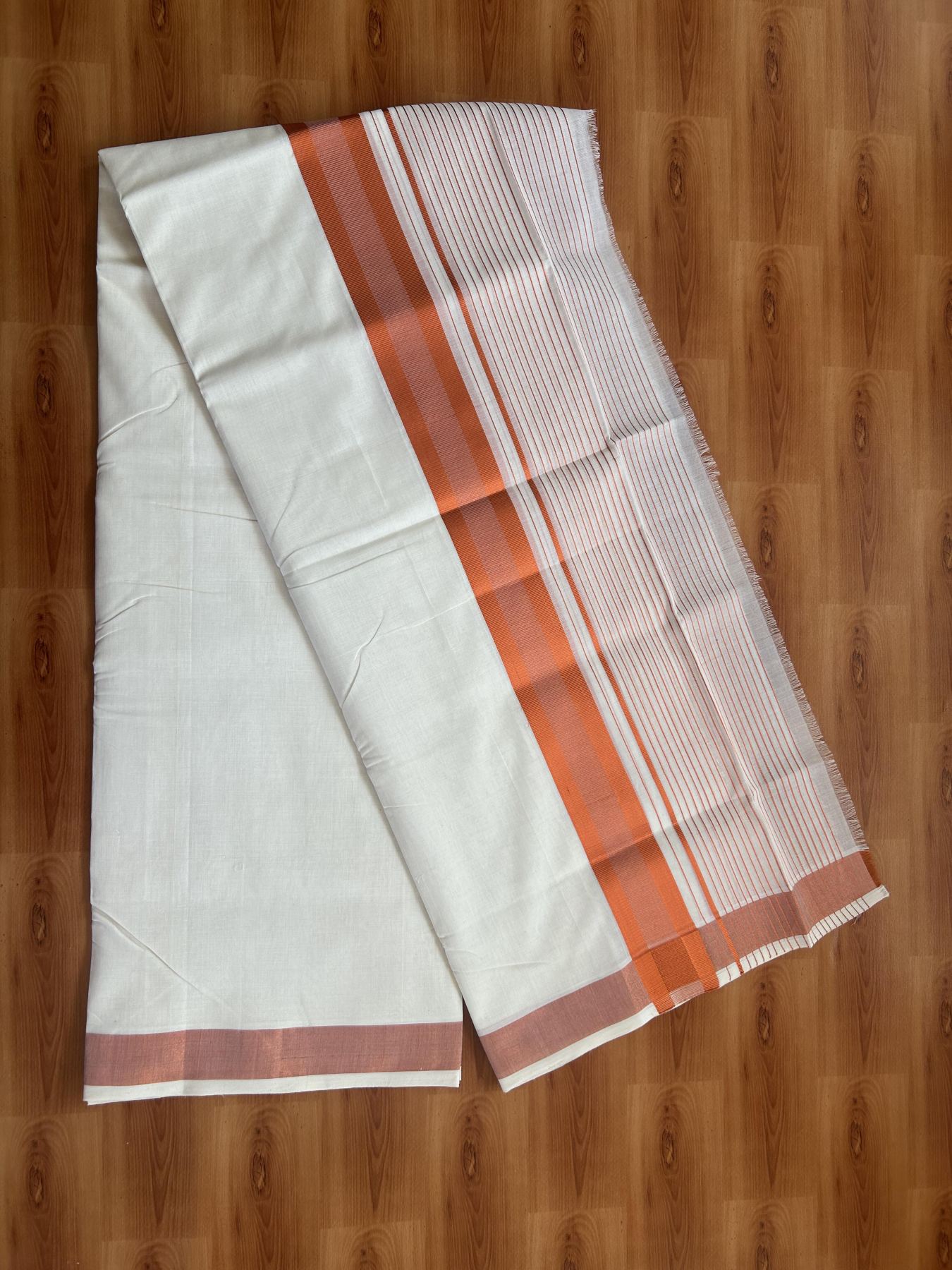 25% Discount ! KaithariKada Handloom Unakkupaav Kerala Handloom - 100% Pure Cotton Off White (Unbleached) Double Mundu/Dhoti - 100x80 - 7 Inch Copper kasav Side Stripes Kara 4 mtr (8.5 muzham) - 1 KK5384 ABH