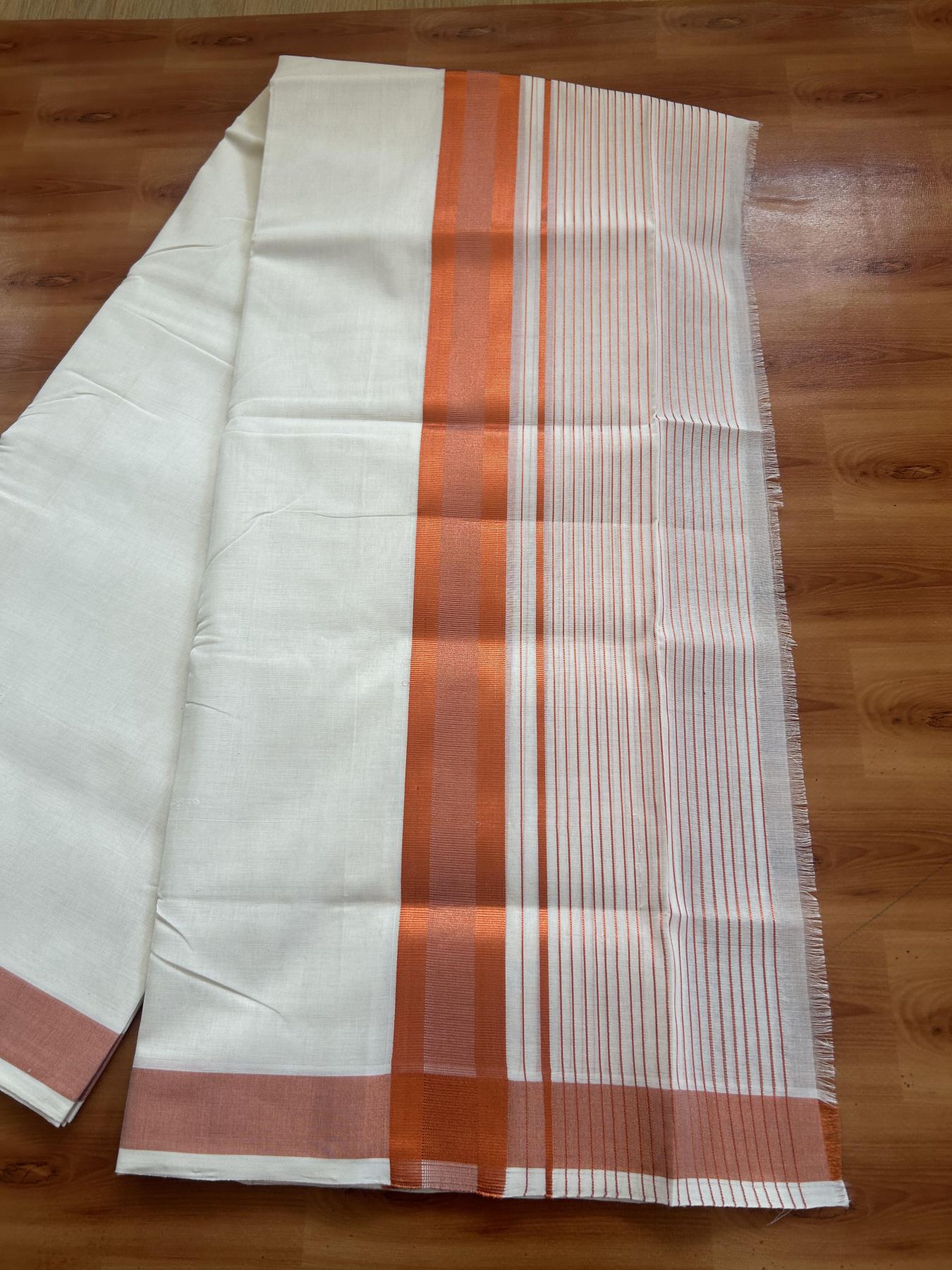 25% Discount ! KaithariKada Handloom Unakkupaav Kerala Handloom - 100% Pure Cotton Off White (Unbleached) Double Mundu/Dhoti - 100x80 - 7 Inch Copper kasav Side Stripes Kara 4 mtr (8.5 muzham) - 1 KK5384 ABH