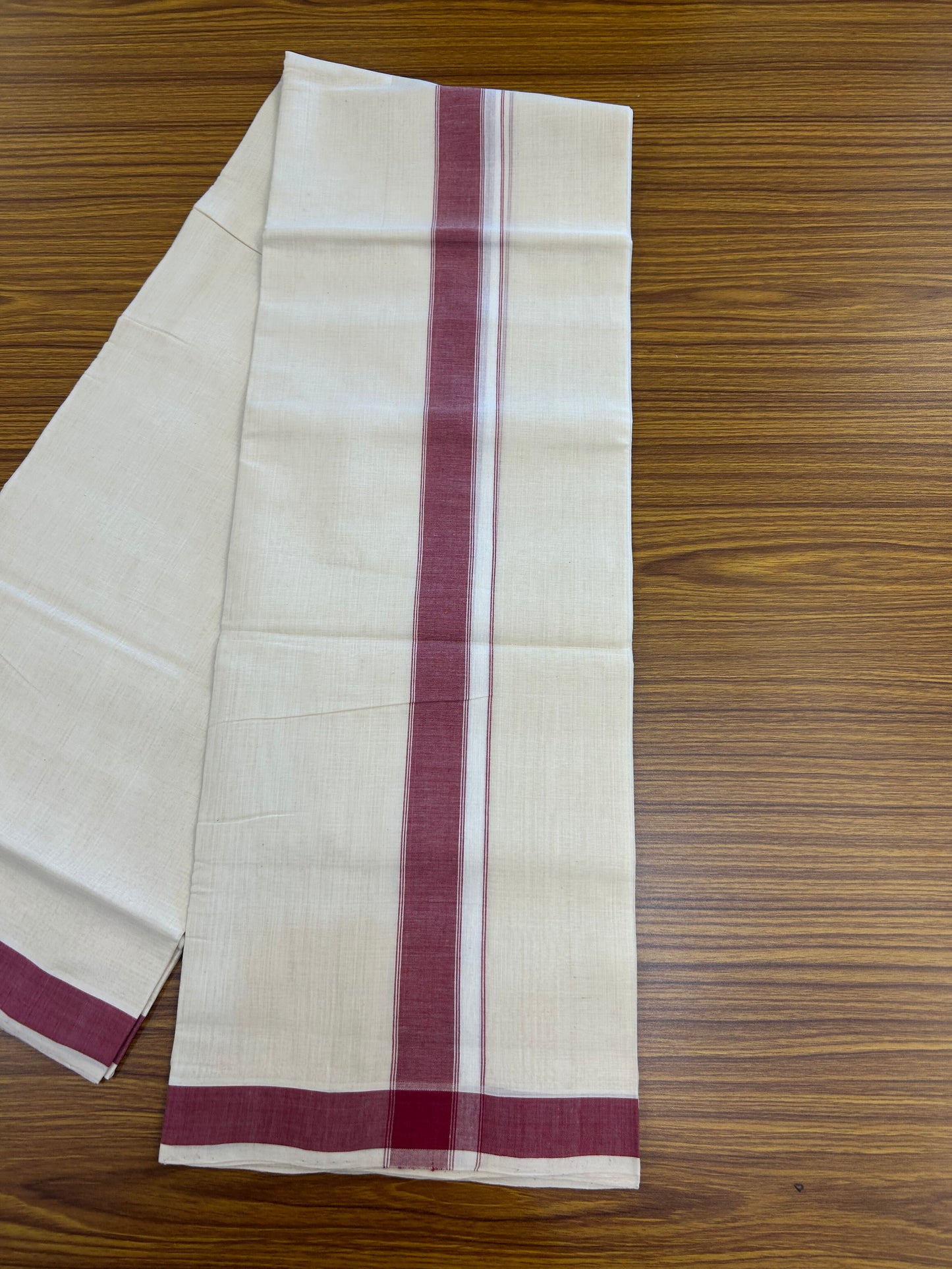 25% Discount KaithariKada Handloom Unakkupaav - Kerala Handloom - 100% Pure Cotton off white (Unbleached) Double Mundu/Dhoti - (80s) - 1.75 inch Dark Rose Shaded Striped Kara 4 mtr (8.5 muzham) - 6 KK5368 ELA