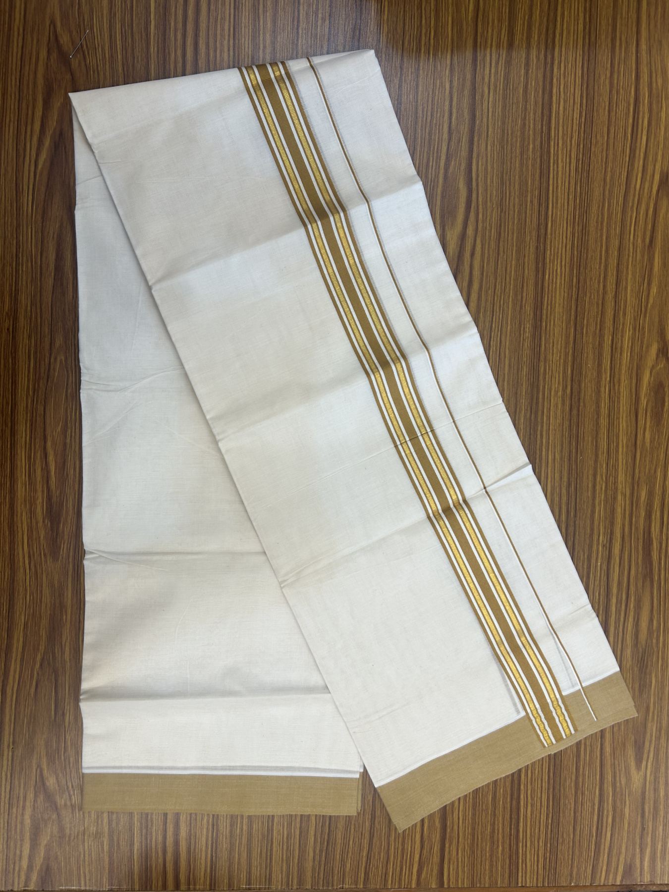 20% Discount! Kaitharikada Balaramapuram Double Off White Mundu/Dhoti - 80s - 1.5 Inch Gold Kasav & Golden Brown Shaded Stripes Kara 4 mtr (8.5 muzham) - 32 KK5311 VAS