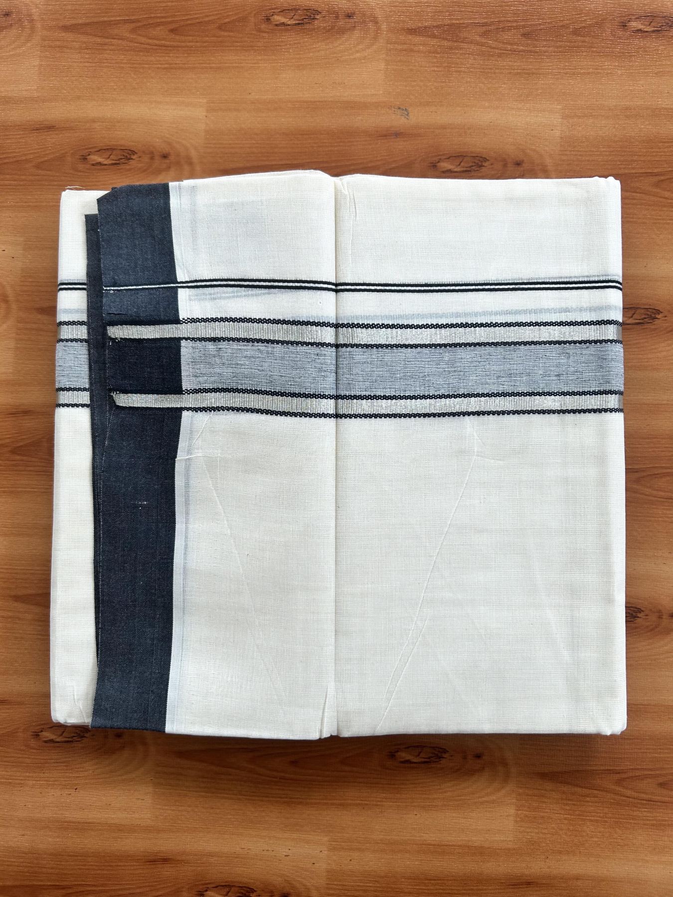 Double Off White (Unbleached) Mundu/Dhoti - 20% Discount! Kaitharikada Pure Cotton - 60s - 1.5 inch Silver Kasav & Black Shaded Striped Kara 4 mtr (8.5 muzham) - 32 KK5460 PMC
