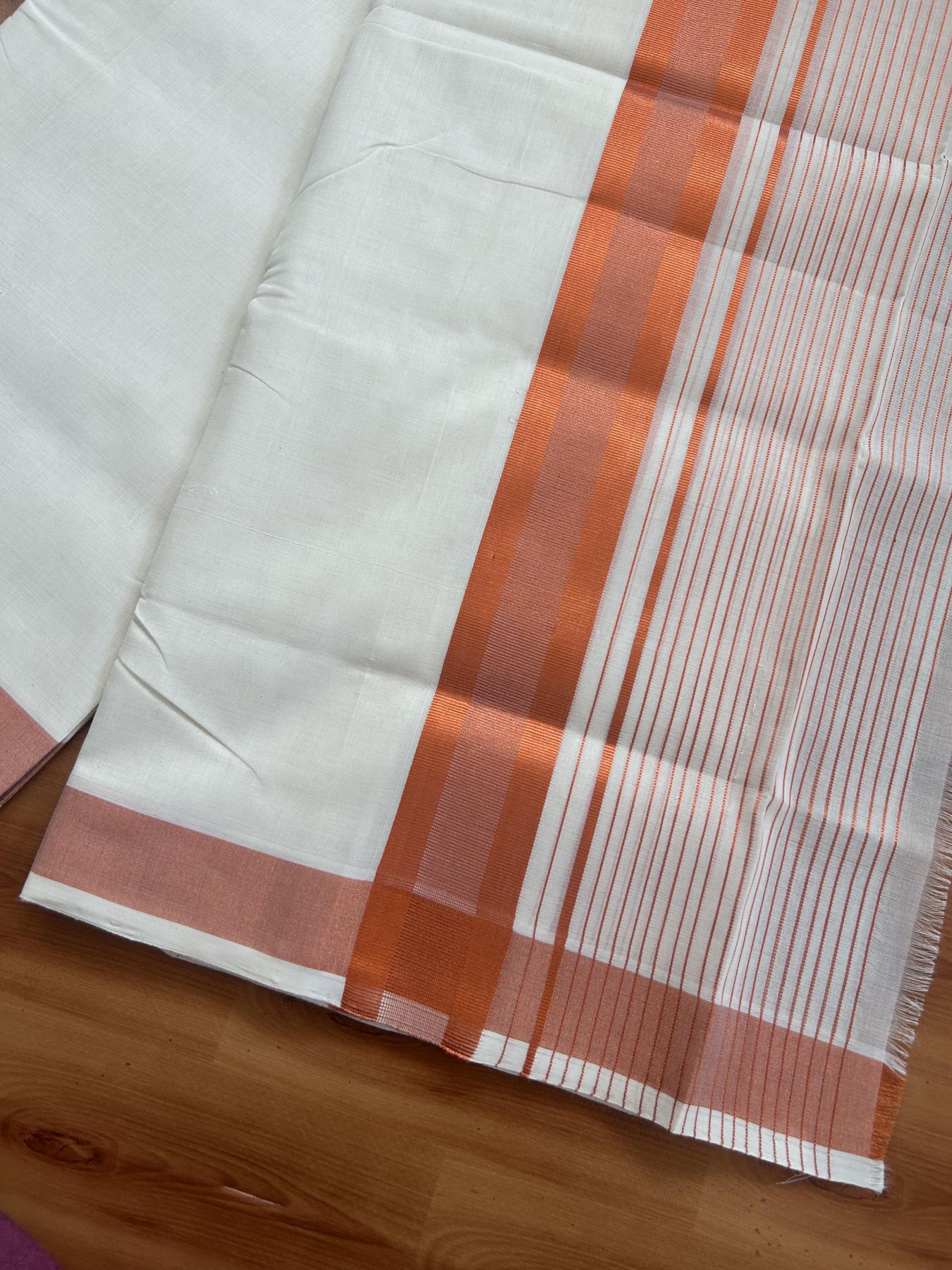 25% Discount ! KaithariKada Handloom Unakkupaav Kerala Handloom - 100% Pure Cotton Off White (Unbleached) Double Mundu/Dhoti - 100x80 - 7 Inch Copper kasav Side Stripes Kara 4 mtr (8.5 muzham) - 1 KK5384 ABH