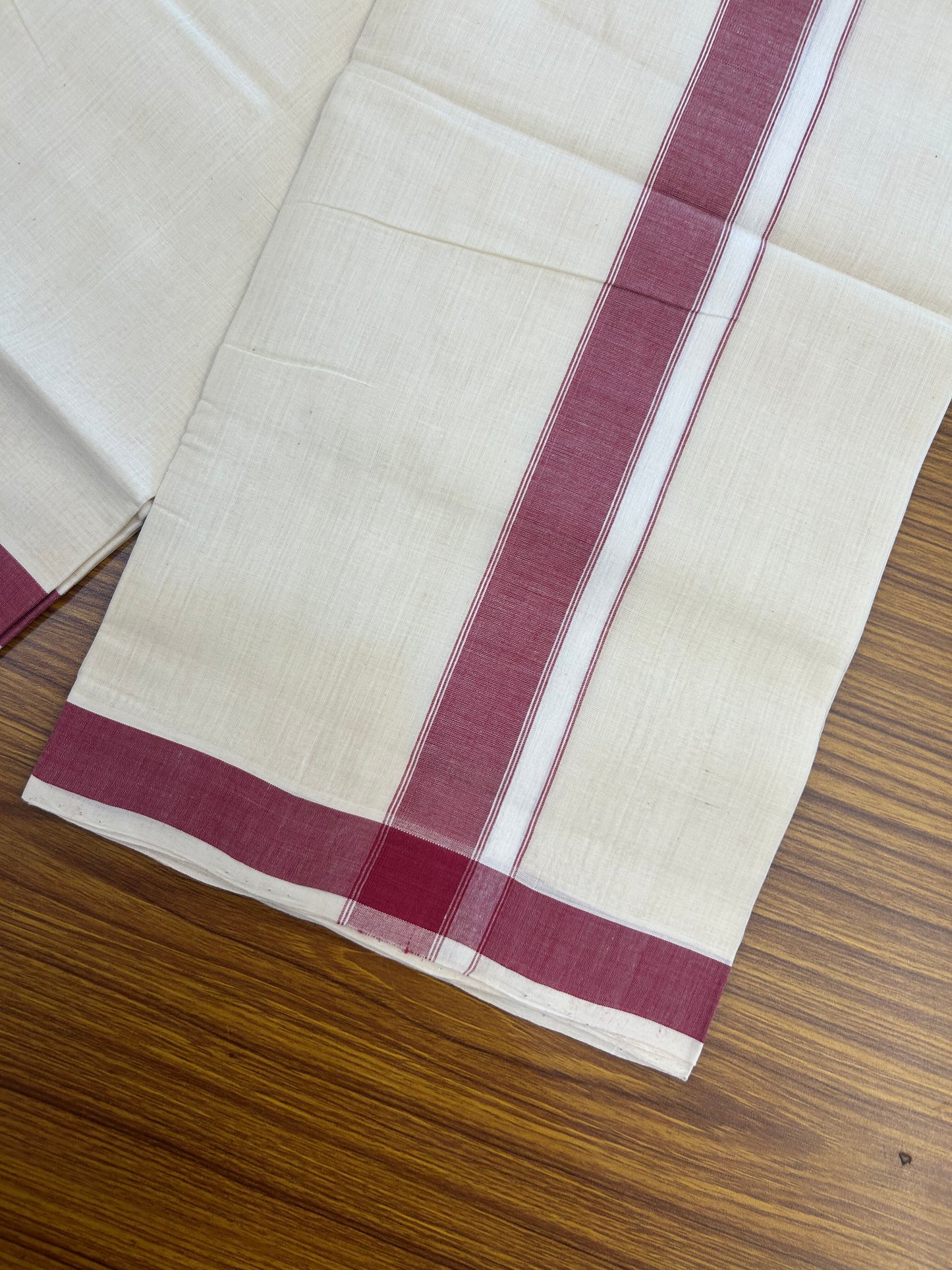 25% Discount KaithariKada Handloom Unakkupaav - Kerala Handloom - 100% Pure Cotton off white (Unbleached) Double Mundu/Dhoti - (80s) - 1.75 inch Dark Rose Shaded Striped Kara 4 mtr (8.5 muzham) - 6 KK5368 ELA