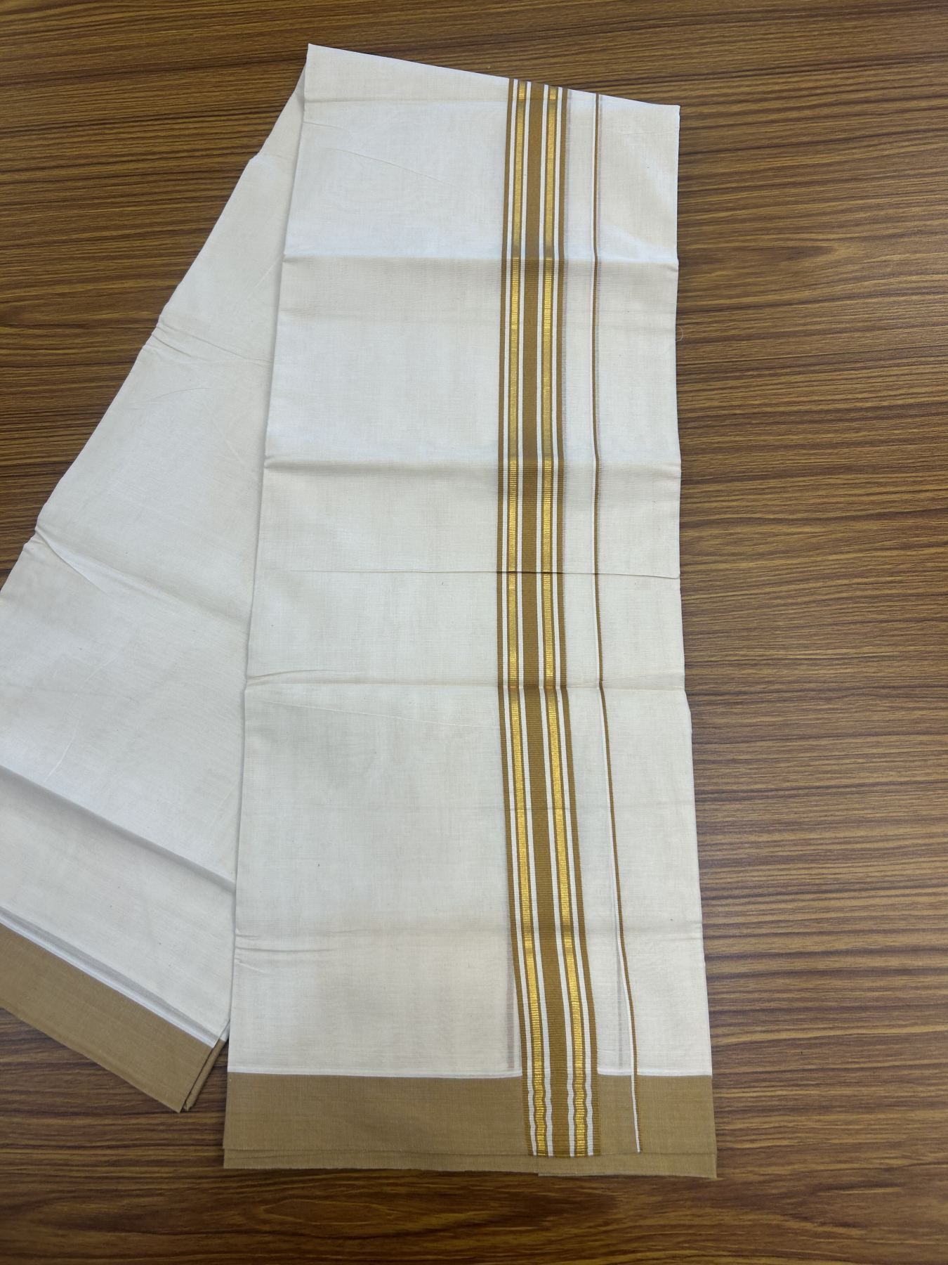 20% Discount! Kaitharikada Balaramapuram Double Off White Mundu/Dhoti - 80s - 1.5 Inch Gold Kasav & Golden Brown Shaded Stripes Kara 4 mtr (8.5 muzham) - 32 KK5311 VAS
