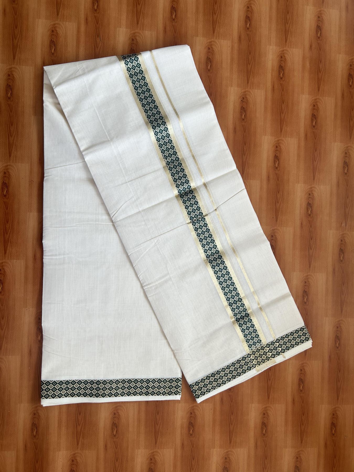 25% Discount ! Kaitharikada Handloom Unakkupaav - Kerala Handloom - 100% Pure Cotton Off White - (Unbleached) Double Mund/Dhoti - 100x80 - 1.75 inch Light Gold Kasav & Green Jacquard Design Kara 4 mtr (8.5 Muzham) - 36 KK5384 ABH