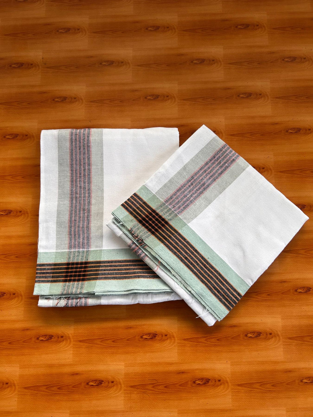 Kaitharikada Mixed cotton - Soft & Thick material - 2/40s thread - Single Lungi / Kaily & Neriyath set - 3.25 inch Light Green & Black & Orange striped kara With White Colour Body (2 meter / 4 muzham) - 3 KK8092 SAT