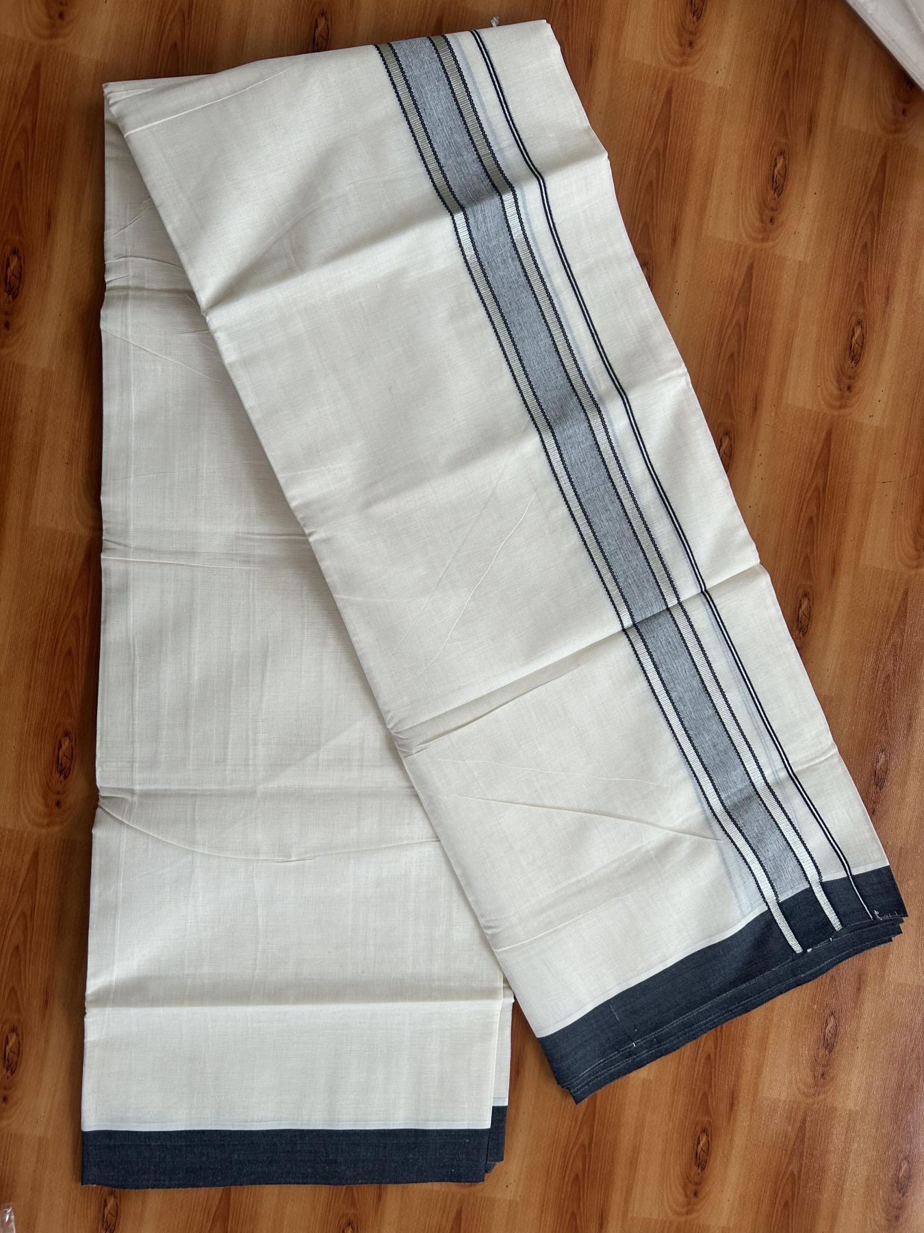 Double Off White (Unbleached) Mundu/Dhoti - 20% Discount! Kaitharikada Pure Cotton - 60s - 1.5 inch Silver Kasav & Black Shaded Striped Kara 4 mtr (8.5 muzham) - 32 KK5460 PMC