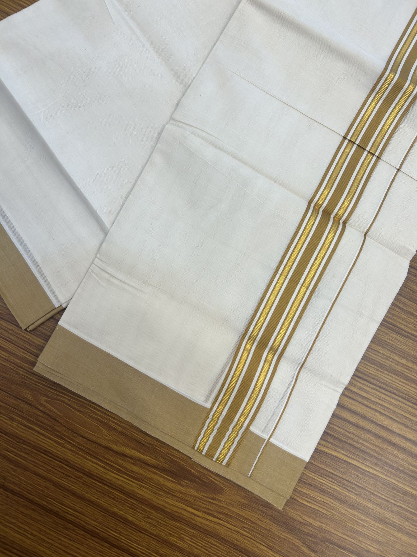 20% Discount! Kaitharikada Balaramapuram Double Off White Mundu/Dhoti - 80s - 1.5 Inch Gold Kasav & Golden Brown Shaded Stripes Kara 4 mtr (8.5 muzham) - 32 KK5311 VAS