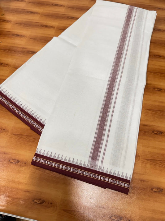 Kathar Type Single Mundu White 20S Pure Cotton Kaitharikada Special - Kaily / Lungi -  1.5 inch Maroon Striped kara Kuppadam Border (2 meter / 4 muzham) - 2 KK5482 KUT