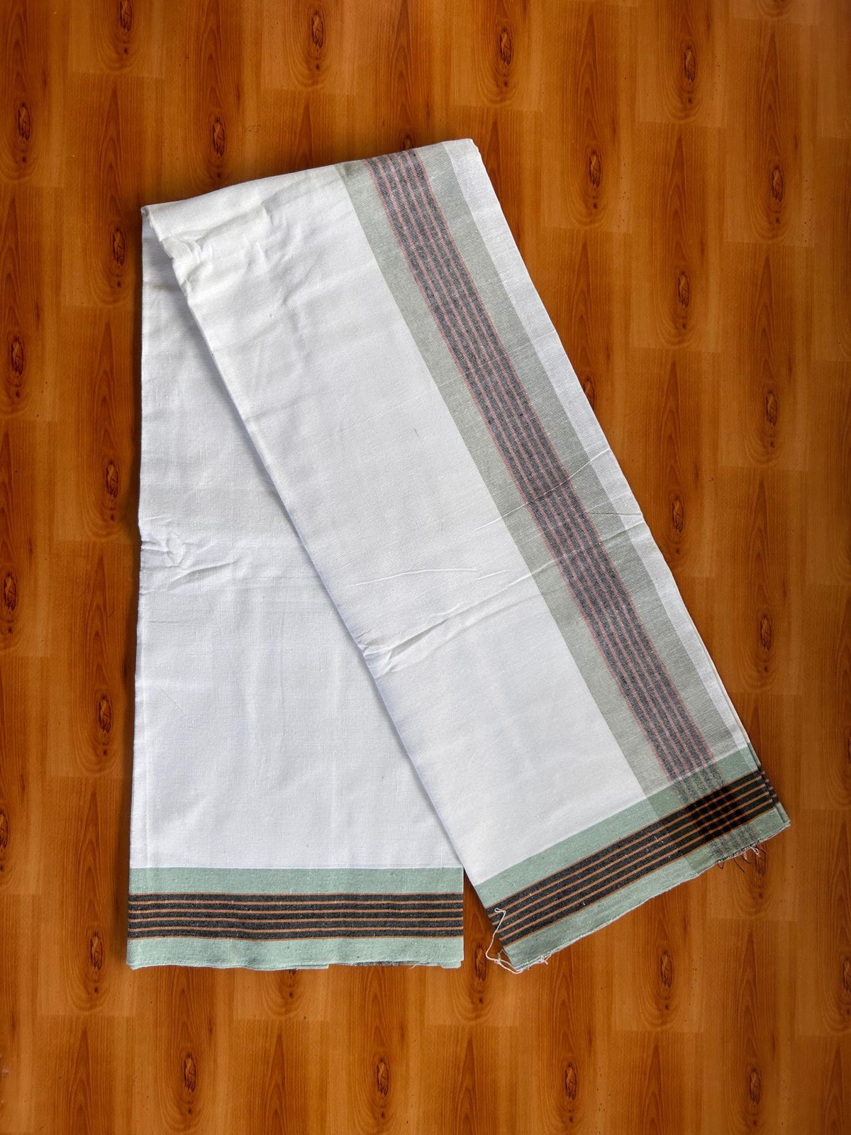 Kaitharikada Mixed cotton - Soft & Thick material - 2/40s thread - Single Lungi / Kaily & Neriyath set - 3.25 inch Light Green & Black & Orange striped kara With White Colour Body (2 meter / 4 muzham) - 3 KK8092 SAT