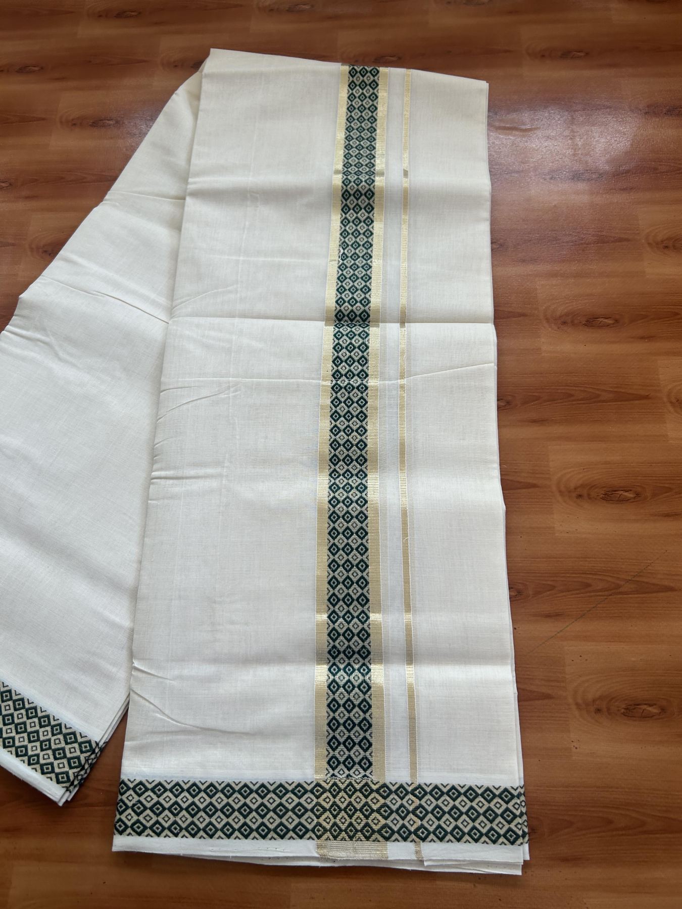 25% Discount ! Kaitharikada Handloom Unakkupaav - Kerala Handloom - 100% Pure Cotton Off White - (Unbleached) Double Mund/Dhoti - 100x80 - 1.75 inch Light Gold Kasav & Green Jacquard Design Kara 4 mtr (8.5 Muzham) - 36 KK5384 ABH