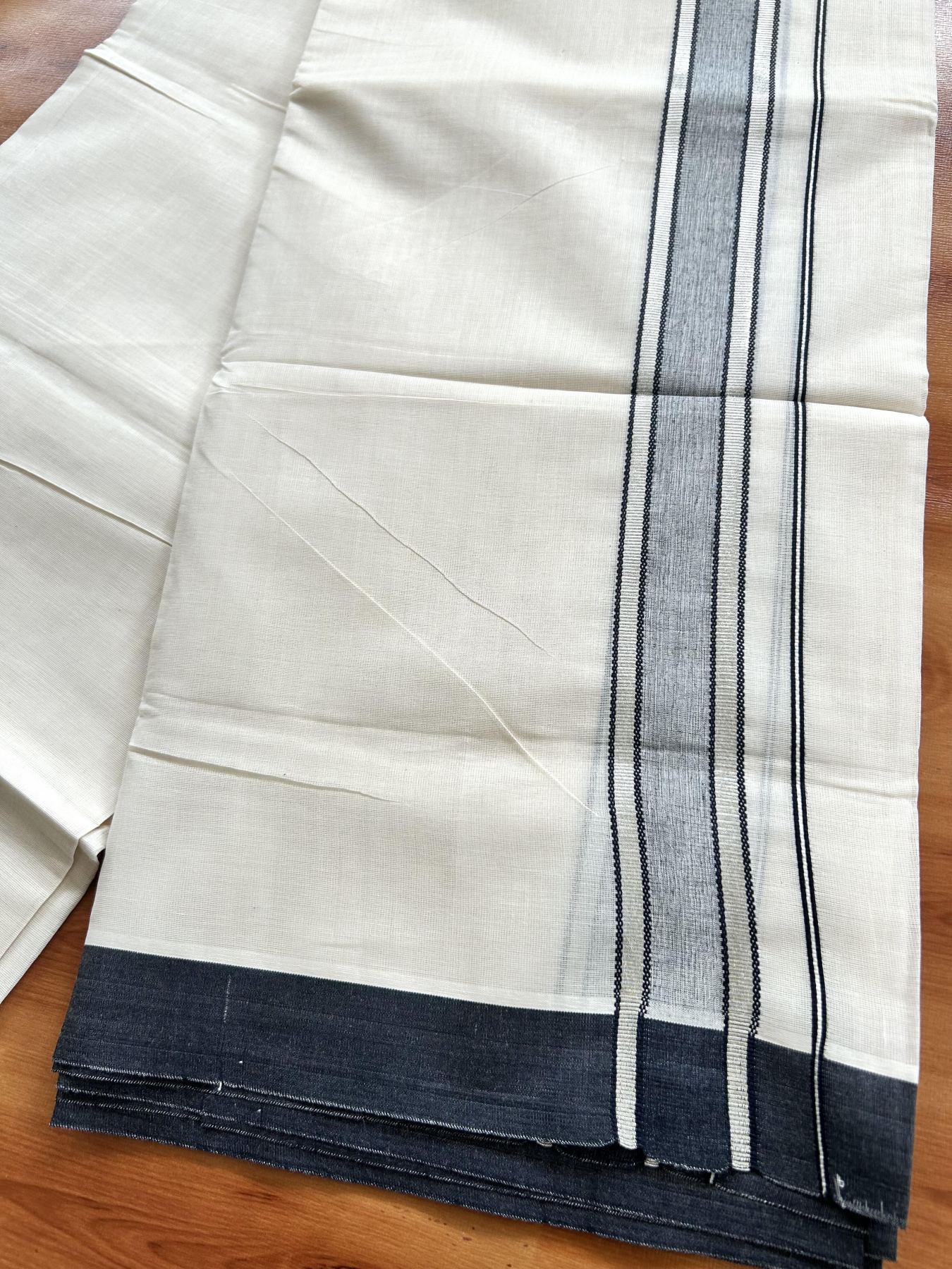 Double Off White (Unbleached) Mundu/Dhoti - 20% Discount! Kaitharikada Pure Cotton - 60s - 1.5 inch Silver Kasav & Black Shaded Striped Kara 4 mtr (8.5 muzham) - 32 KK5460 PMC