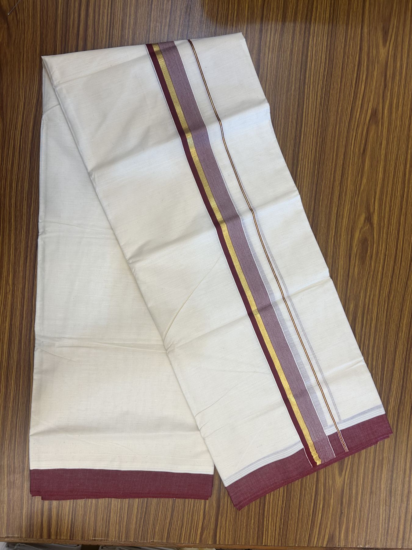 20% Discount! Kaitharikada Balaramapuram Double Off  White Mundu/Dhoti - 80s - 1.25 Inch Gold Kasav & Maroon Stripes Kara 4 mtr (8.5 muzham) - 6 KK5311 VAS