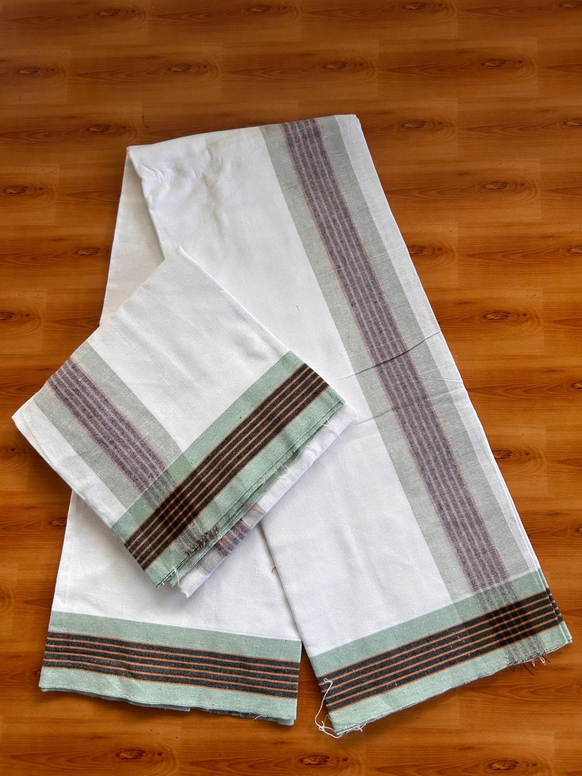 Kaitharikada Mixed cotton - Soft & Thick material - 2/40s thread - Single Lungi / Kaily & Neriyath set - 3.25 inch Light Green & Black & Orange striped kara With White Colour Body (2 meter / 4 muzham) - 3 KK8092 SAT