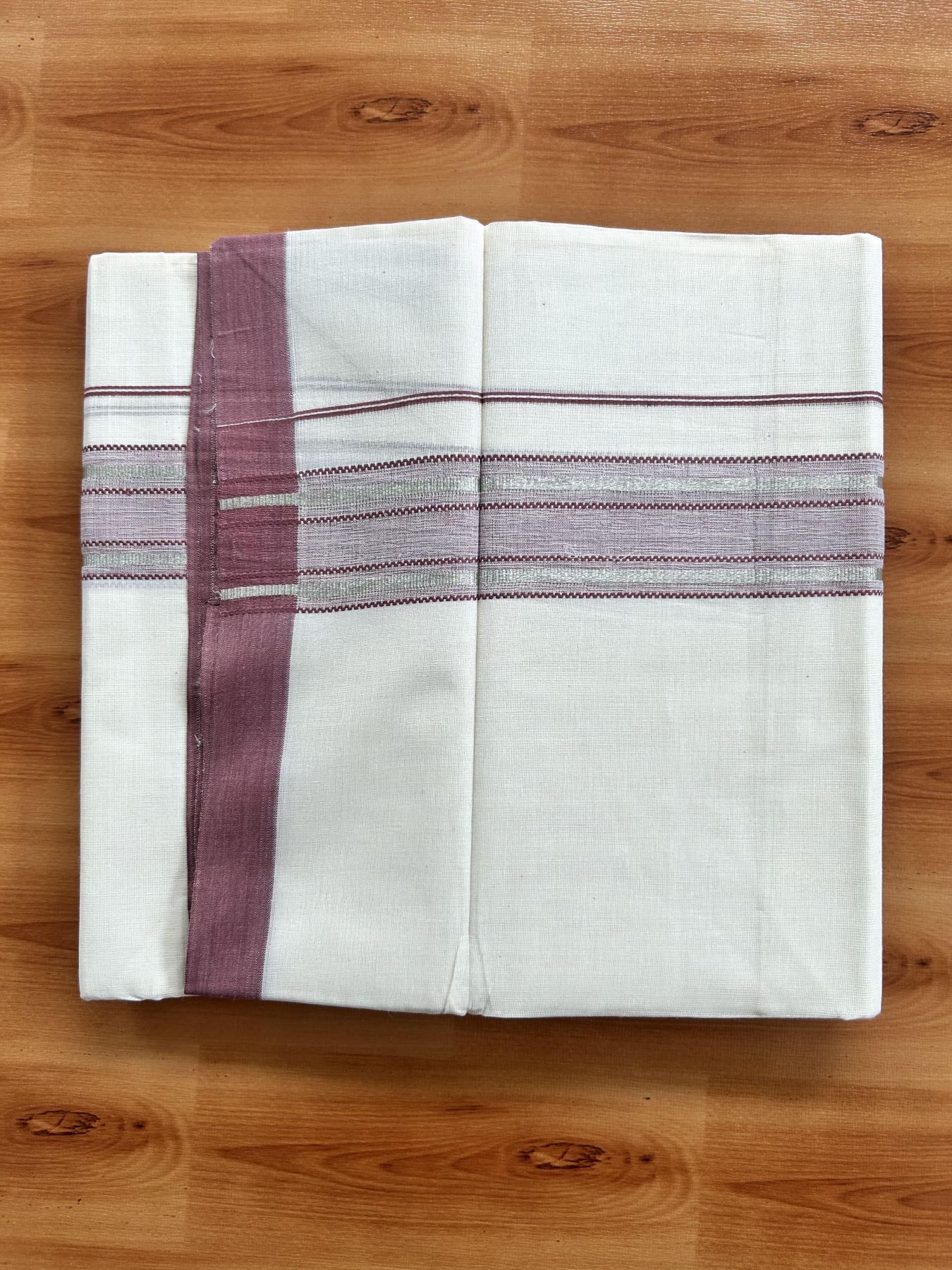 Double Off White (Unbleached) Mundu/Dhoti - 20% Discount! Kaitharikada Pure Cotton - 60s - 1.75 inch Silver Kasav & Pastel Maroon Shaded Striped Kara 4 mtr (8.5 muzham) - 44 KK5460 PMC