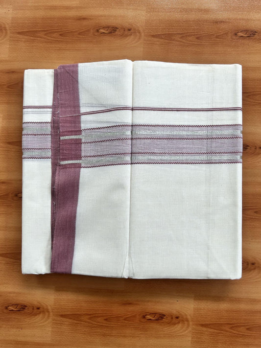 Double Off White (Unbleached) Mundu/Dhoti - 20% Discount! Kaitharikada Pure Cotton - 60s - 1.75 inch Silver Kasav & Pastel Maroon Shaded Striped Kara 4 mtr (8.5 muzham) - 44 KK5460 PMC