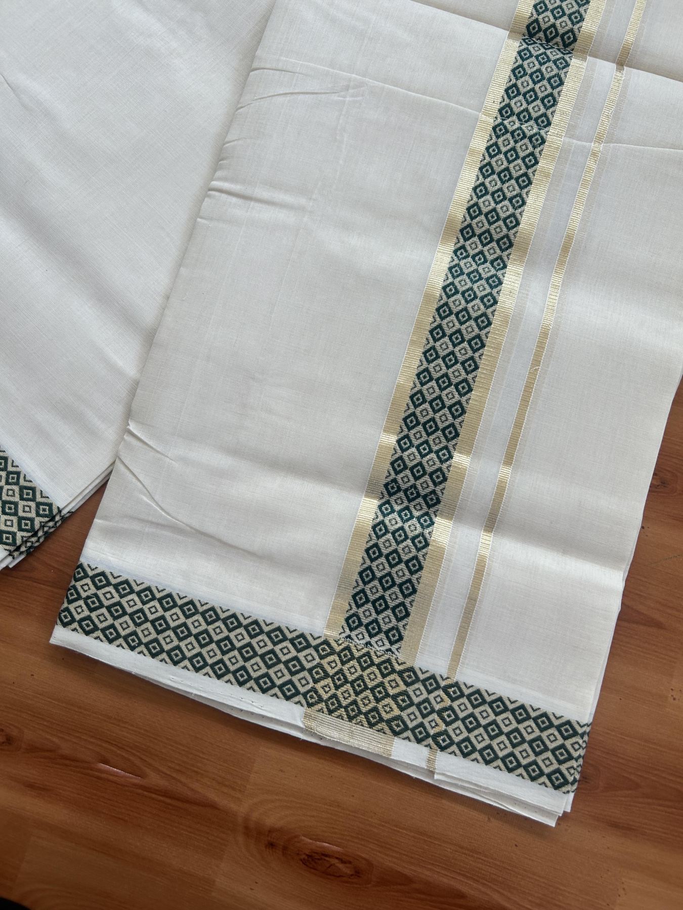 25% Discount ! Kaitharikada Handloom Unakkupaav - Kerala Handloom - 100% Pure Cotton Off White - (Unbleached) Double Mund/Dhoti - 100x80 - 1.75 inch Light Gold Kasav & Green Jacquard Design Kara 4 mtr (8.5 Muzham) - 36 KK5384 ABH