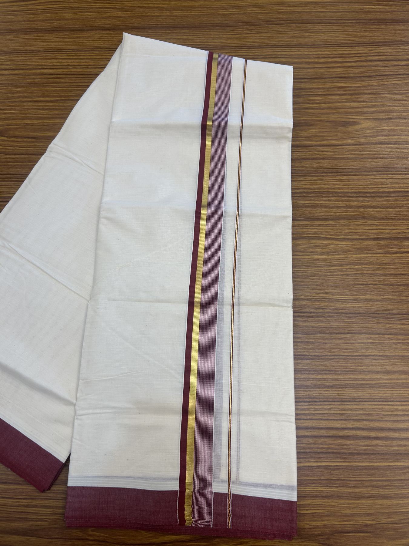 20% Discount! Kaitharikada Balaramapuram Double Off  White Mundu/Dhoti - 80s - 1.25 Inch Gold Kasav & Maroon Stripes Kara 4 mtr (8.5 muzham) - 6 KK5311 VAS