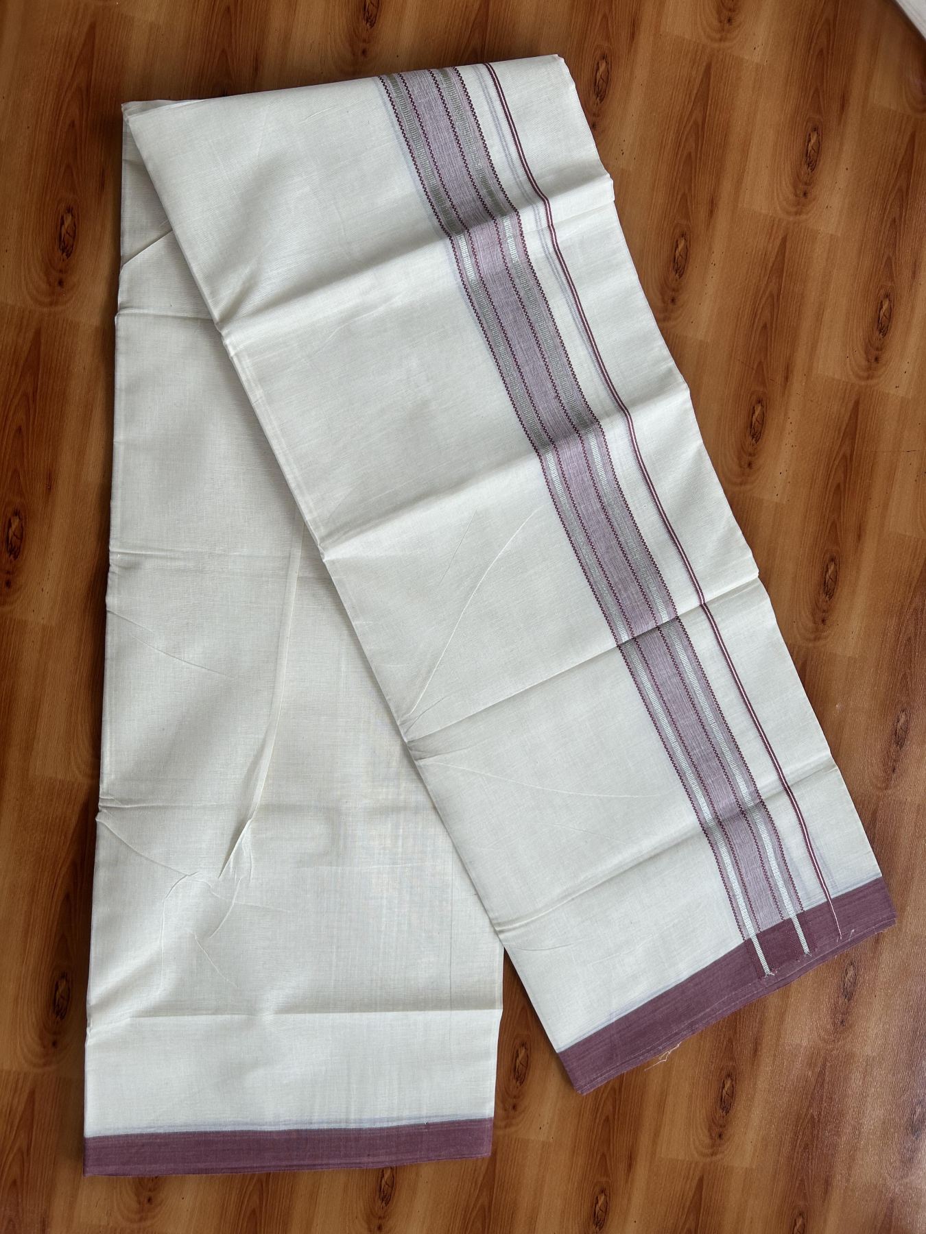 Double Off White (Unbleached) Mundu/Dhoti - 20% Discount! Kaitharikada Pure Cotton - 60s - 1.75 inch Silver Kasav & Pastel Maroon Shaded Striped Kara 4 mtr (8.5 muzham) - 44 KK5460 PMC