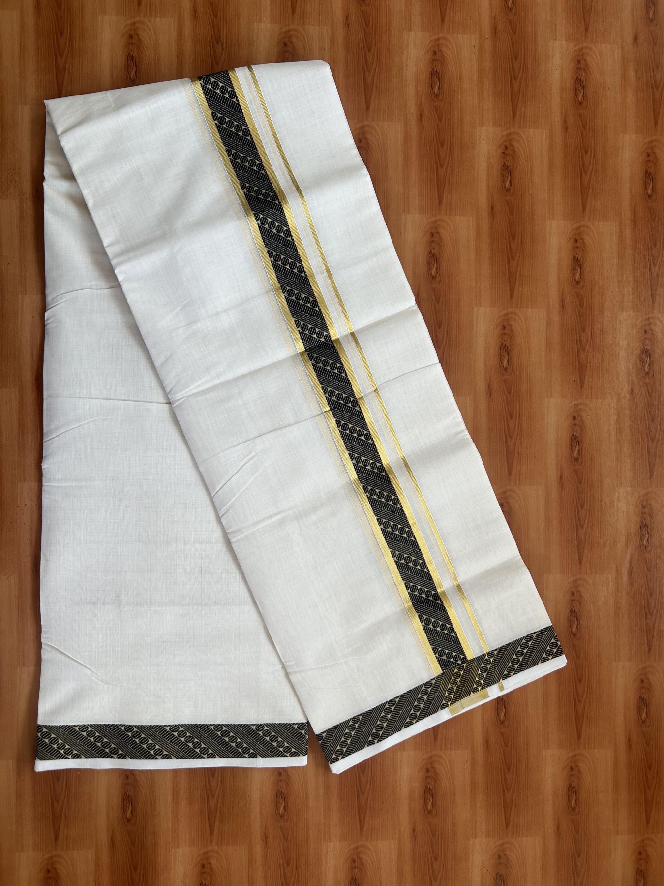 25% Discount ! Kaitharikada Handloom Unakkupaav - Kerala Handloom - 100% Pure Cotton Off White - (Unbleached) Double Mund/Dhoti - 100x80 - 1.75 inch Gold Kasav & Black Jacquard Design Kara 4 mtr (8.5 Muzham) - 40 KK5384 ABH
