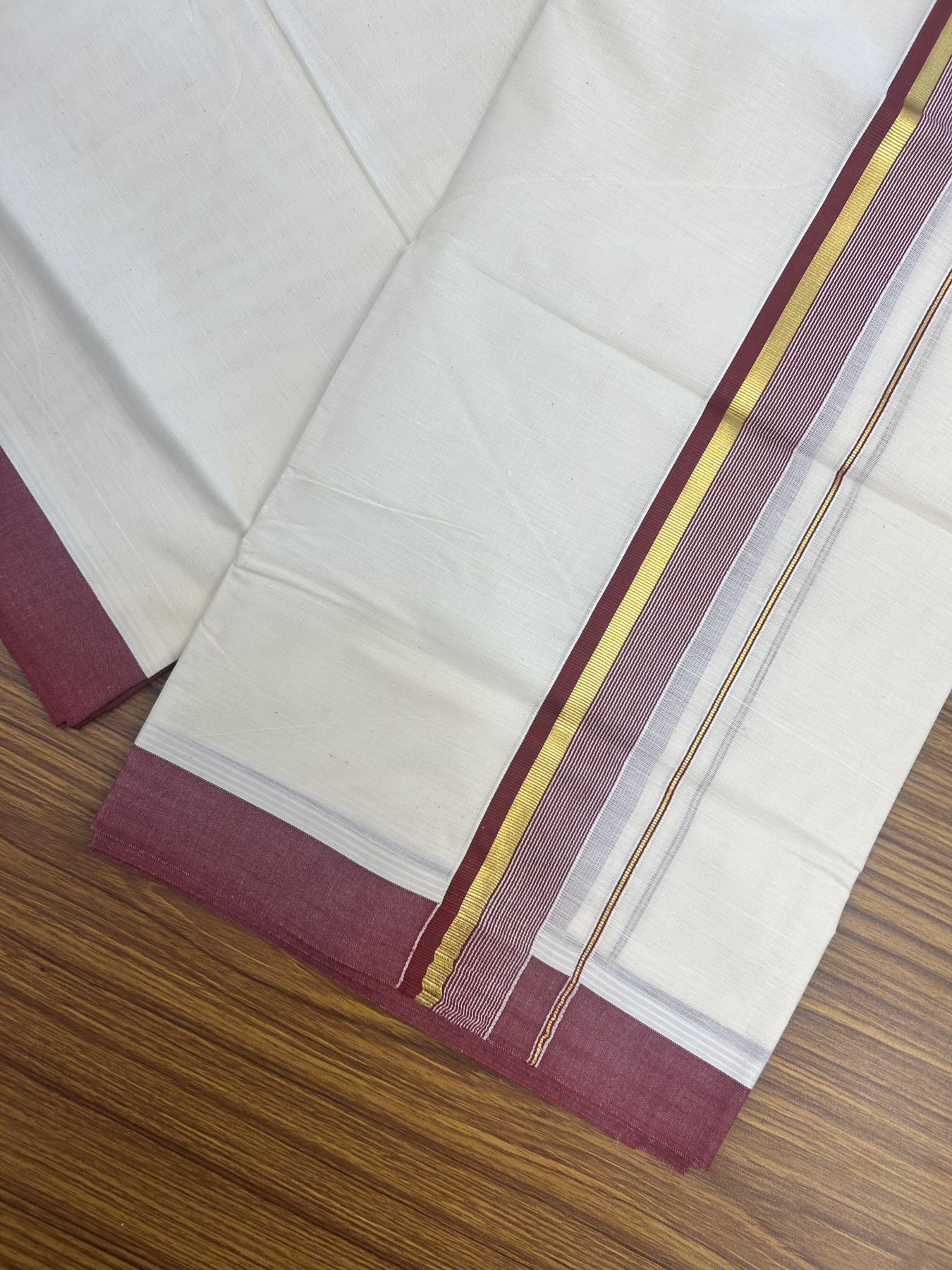 20% Discount! Kaitharikada Balaramapuram Double Off  White Mundu/Dhoti - 80s - 1.25 Inch Gold Kasav & Maroon Stripes Kara 4 mtr (8.5 muzham) - 6 KK5311 VAS