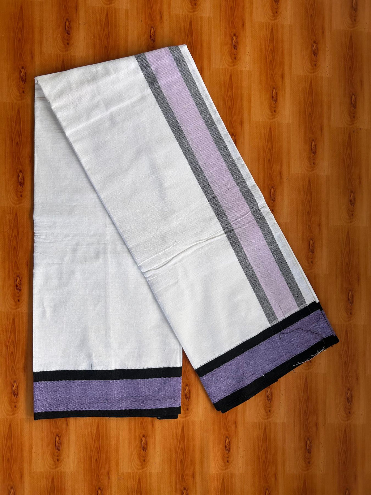 Kaitharikada Mixed cotton - Soft & Thick material - 2/40s thread - Single Lungi / Kaily & Neriyath set - 3 inch Black & Lavender striped kara With White Colour Body (2 meter / 4 muzham) - 4 KK8092 SAT