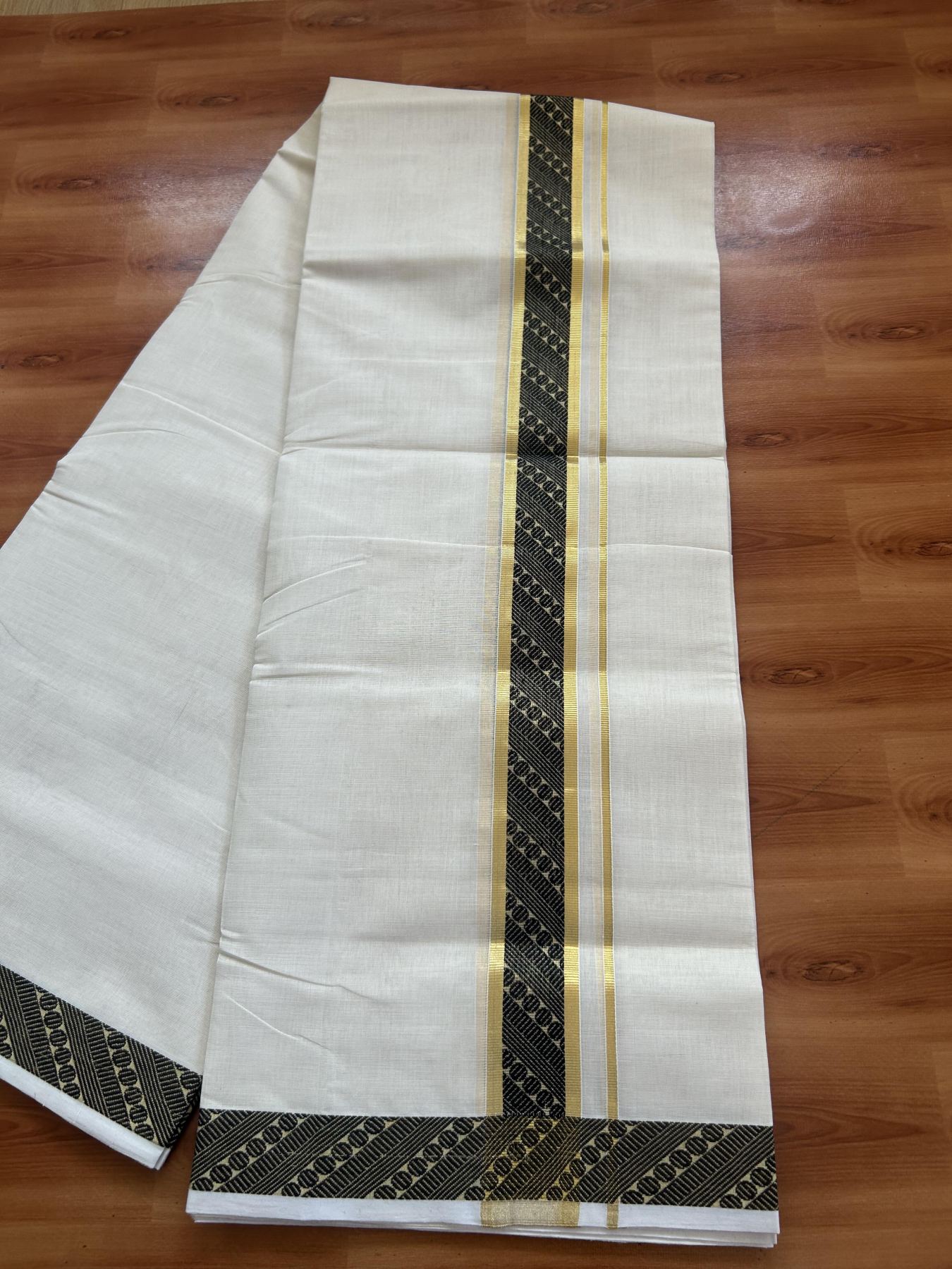 25% Discount ! Kaitharikada Handloom Unakkupaav - Kerala Handloom - 100% Pure Cotton Off White - (Unbleached) Double Mund/Dhoti - 100x80 - 1.75 inch Gold Kasav & Black Jacquard Design Kara 4 mtr (8.5 Muzham) - 40 KK5384 ABH