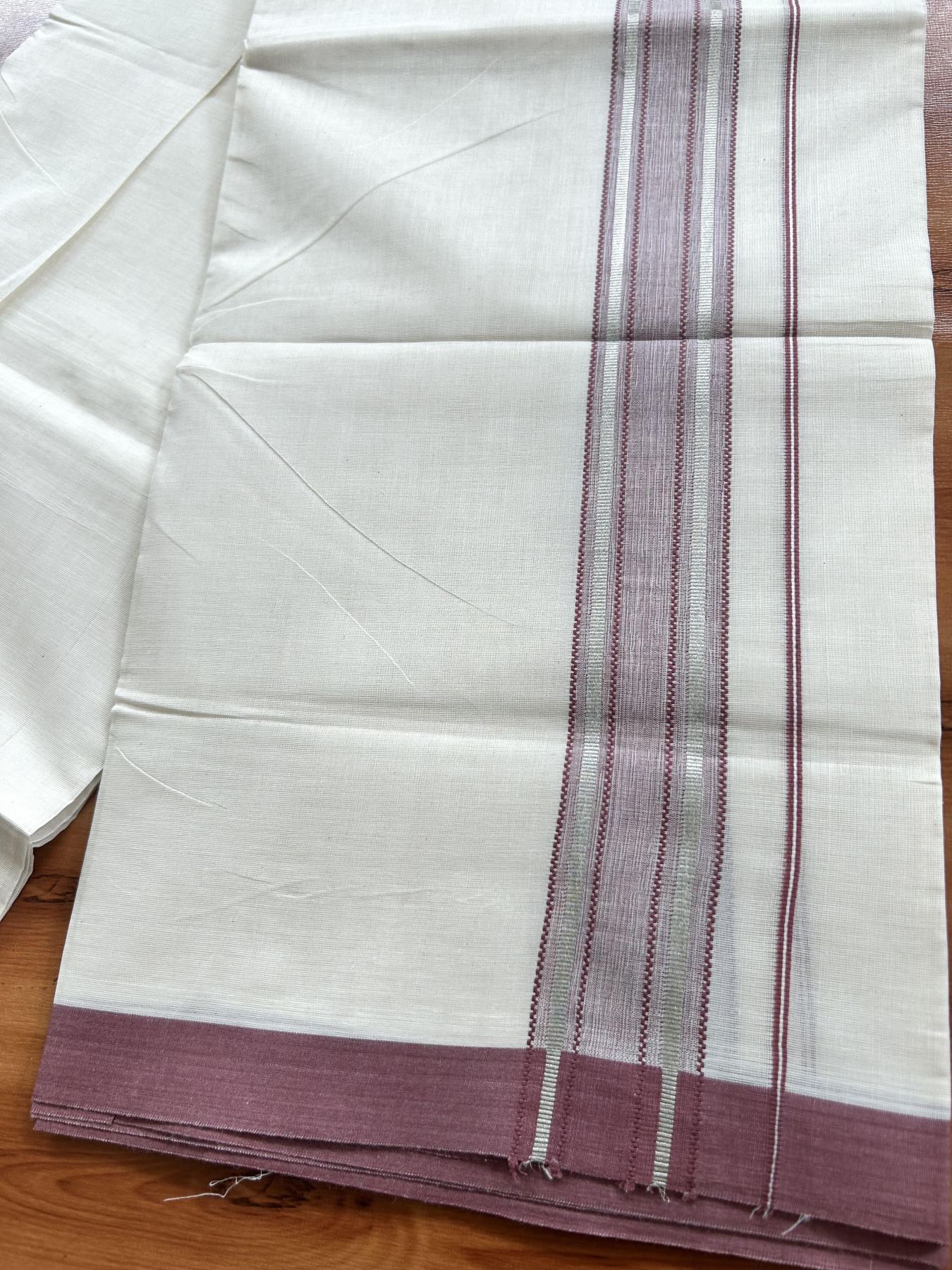 Double Off White (Unbleached) Mundu/Dhoti - 20% Discount! Kaitharikada Pure Cotton - 60s - 1.75 inch Silver Kasav & Pastel Maroon Shaded Striped Kara 4 mtr (8.5 muzham) - 44 KK5460 PMC