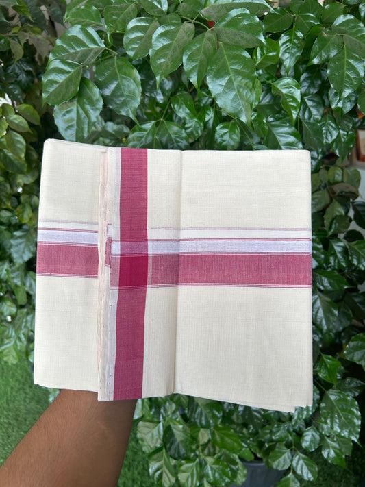 25% Discount KaithariKada Handloom Unakkupaav - Kerala Handloom - 100% Pure Cotton off white (Unbleached) Double Mundu/Dhoti - (80s) - 1.75 inch Dark Rose Shaded Striped Kara 4 mtr (8.5 muzham) - 6 KK5368 ELA