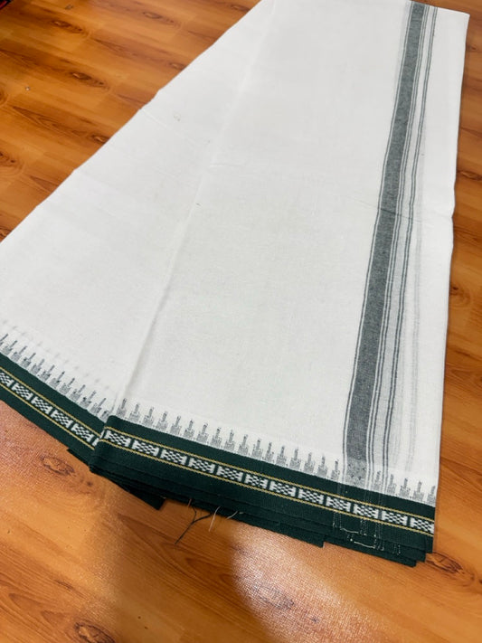 Kathar Type Single Mundu White 20S Pure Cotton Kaitharikada Special - Kaily / Lungi -  1.5 inch Dark Green Striped kara Kuppadam Border (2 meter / 4 muzham) - 4 KK5482 KUT