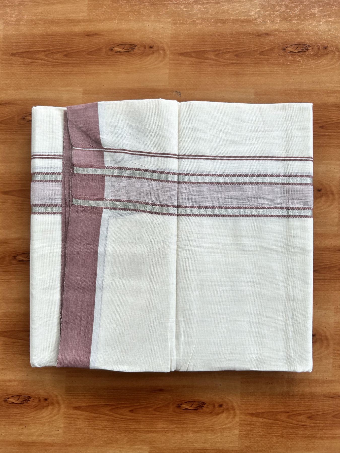 Double Off White (Unbleached) Mundu/Dhoti - 20% Discount! Kaitharikada Pure Cotton - 60s - 1.5 inch Silver Kasav & Dusty Rose Shaded Striped Kara 4 mtr (8.5 muzham) - 36 KK5460 PMC