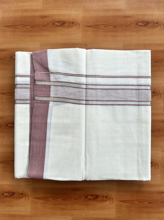 Double Off White (Unbleached) Mundu/Dhoti - 20% Discount! Kaitharikada Pure Cotton - 60s - 1.5 inch Silver Kasav & Dusty Rose Shaded Striped Kara 4 mtr (8.5 muzham) - 36 KK5460 PMC