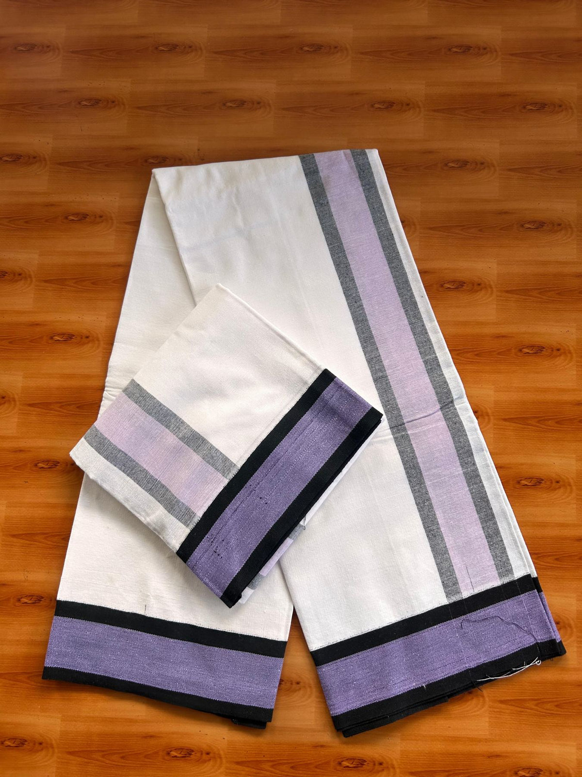 Kaitharikada Mixed cotton - Soft & Thick material - 2/40s thread - Single Lungi / Kaily & Neriyath set - 3 inch Black & Lavender striped kara With White Colour Body (2 meter / 4 muzham) - 4 KK8092 SAT