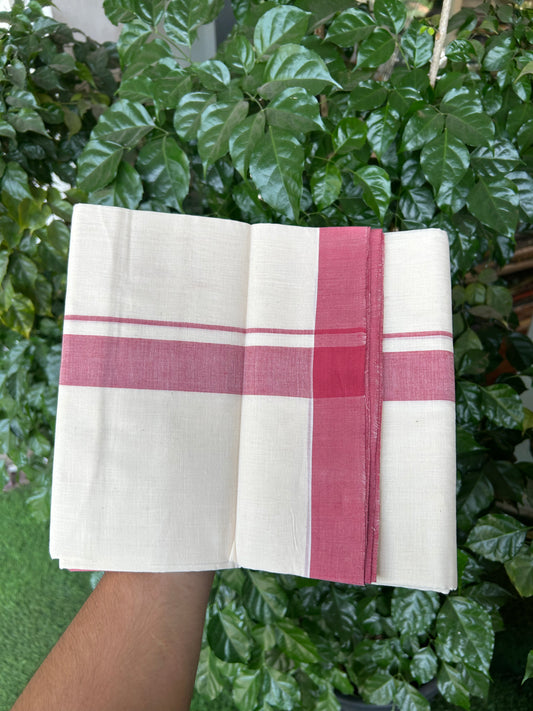 25% Discount KaithariKada Handloom Unakkupaav - Kerala Handloom - 100% Pure Cotton off white (Unbleached) Double Mundu/Dhoti - (80s) - 1.25 inch Dark Rose Shaded Kara 4 mtr (8.5 muzham) - 5 KK5368 ELA